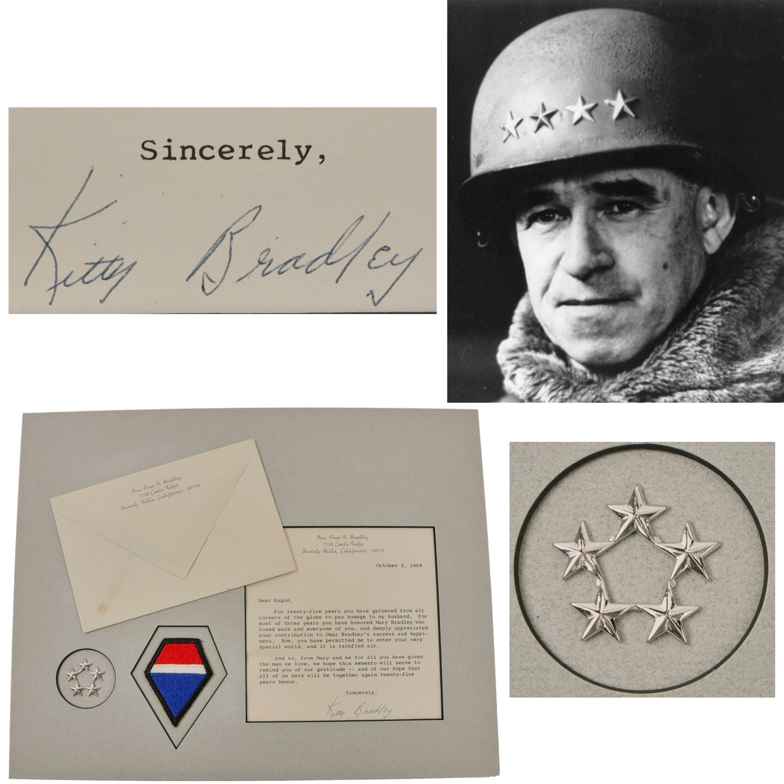 Original U.S. WWII General Omar Bradley’s 12th Army Group Patch & General of the Army Insignia with Letter of Provenance from Esther Dora "Kitty" Bradley - 11 x 14”