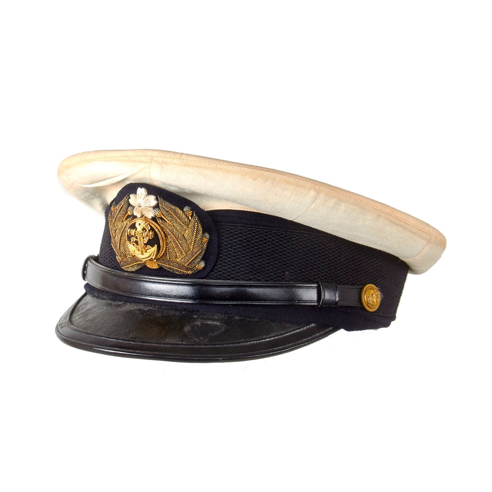 Original WWII Imperial Japanese Navy IJN Officer Visor Cap with White Foul Weather Cover with Embroidered Name Inside