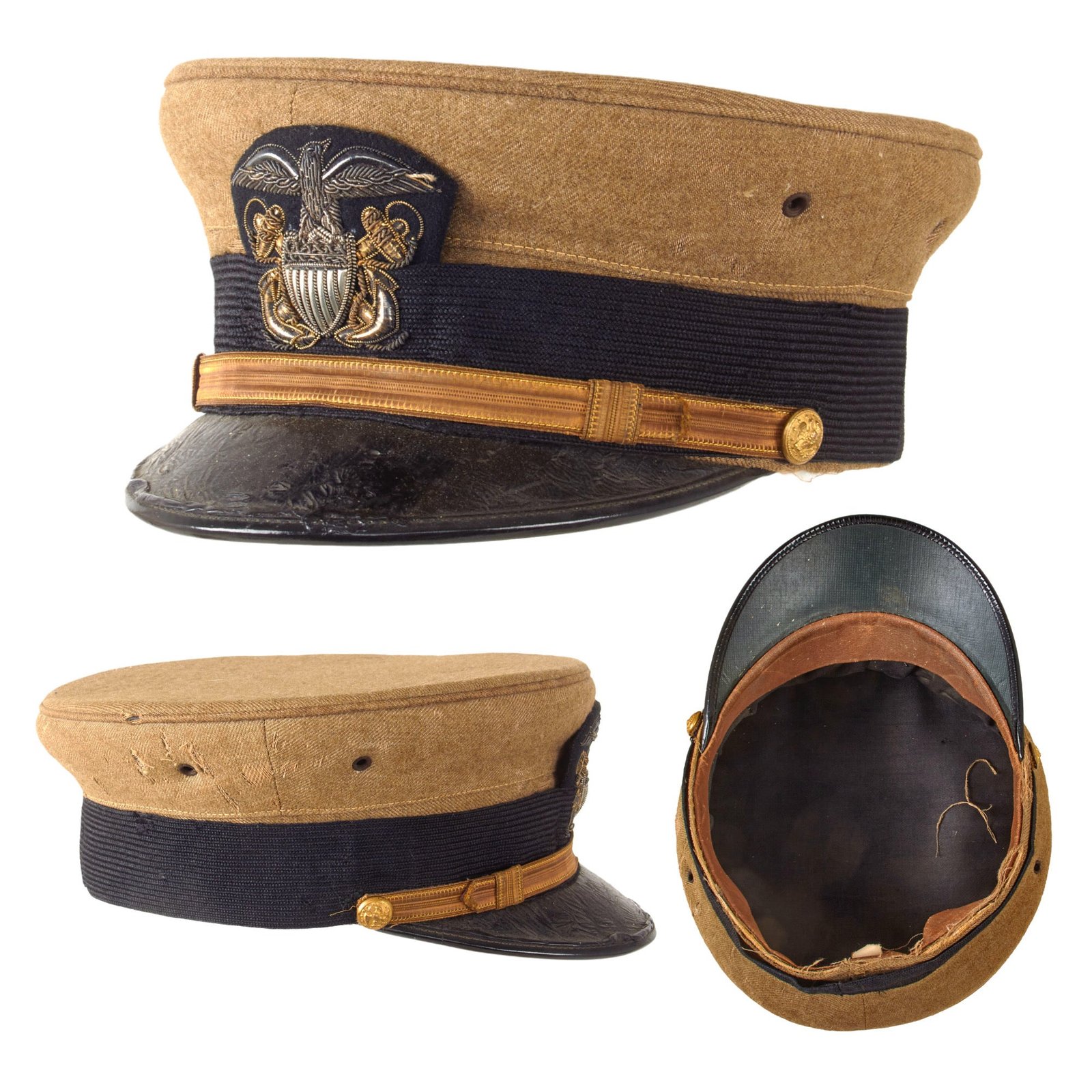 Original U.S. WWI Navy Aviator’s Brown Bell Crown Officer’s Visor Cap with Bullion Cap Badge - Size 7⅛
