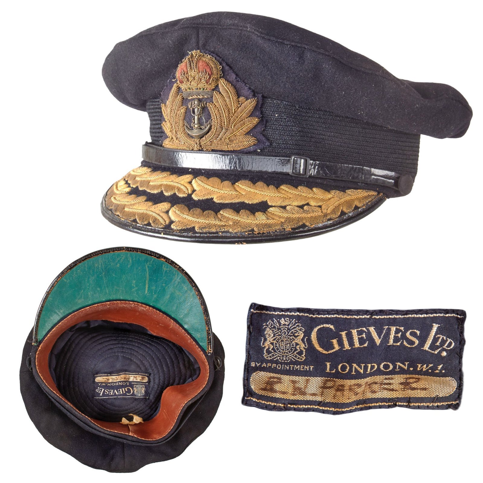 Original British WWII Named Royal Navy Admiral Visor Cap by Gieves of London - R. W. Parker