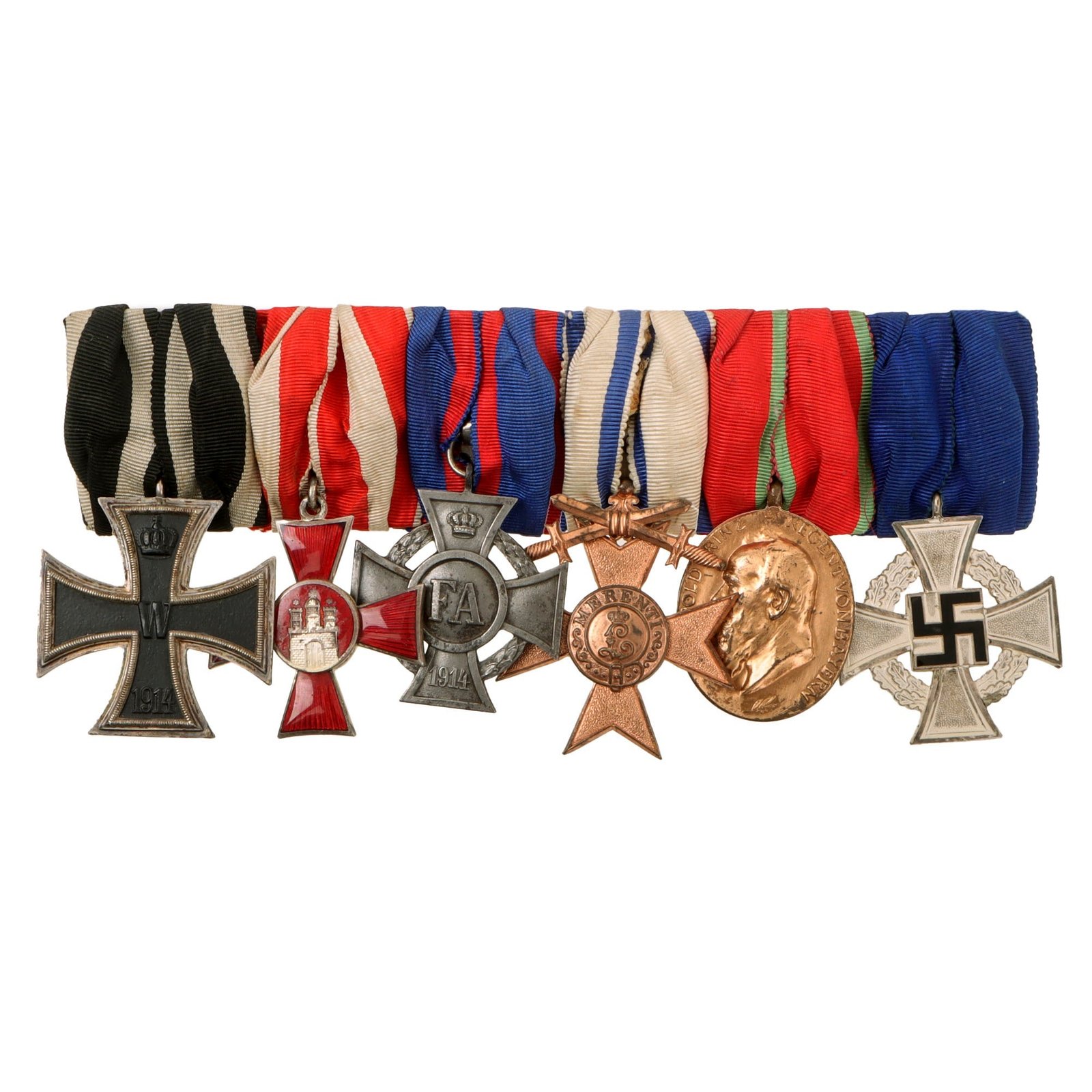 Original German WWI Era Medal Bar with 1914 EKII, City of Hamburg Hanseatic Cross & Bavarian Merenti Cross of Military Merit with Swords - 6 Awards
