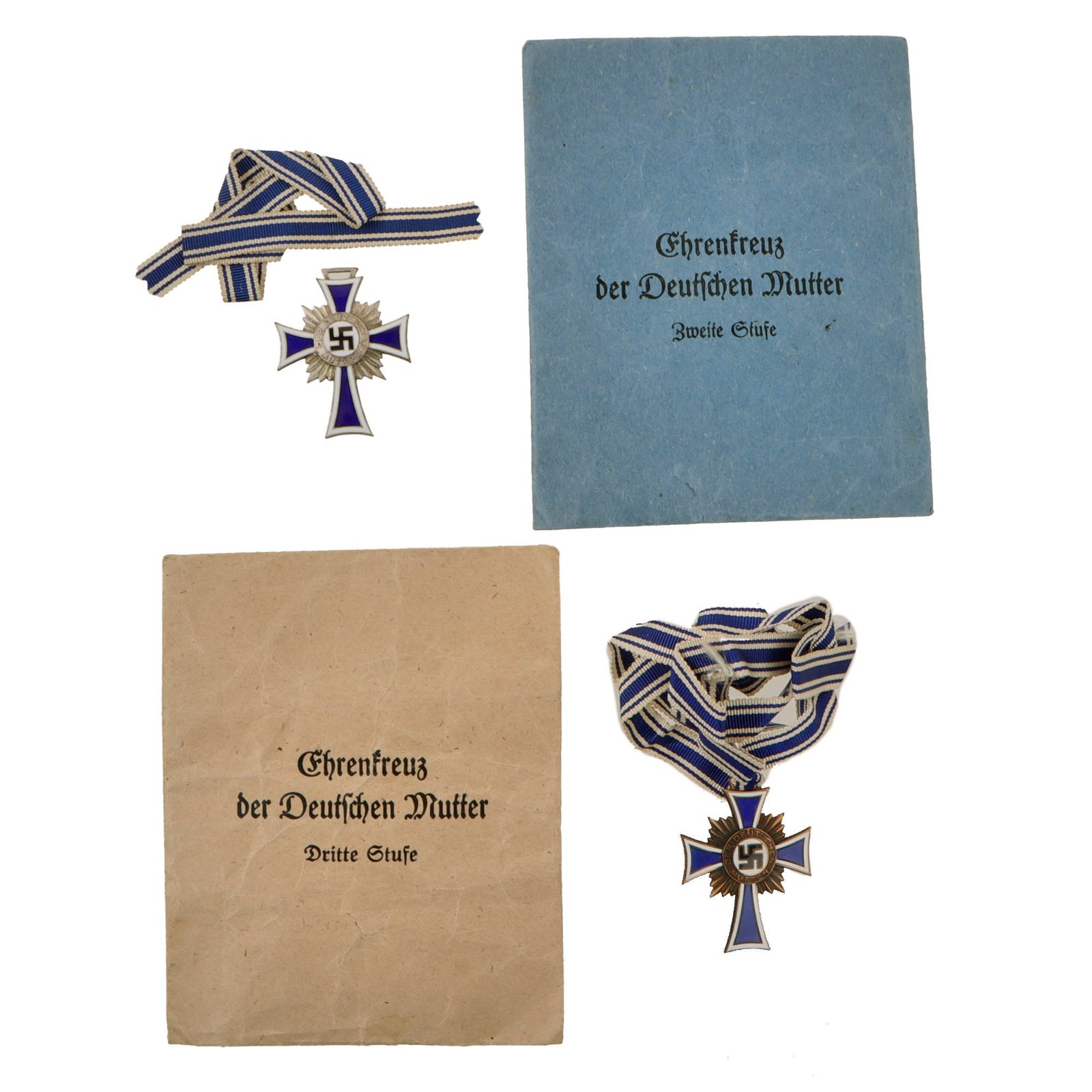 Original German WWII Mother’s Cross Set in Award Envelopes - (1) Silver and (1) Bronze - Cross of Honor of the German Mother
