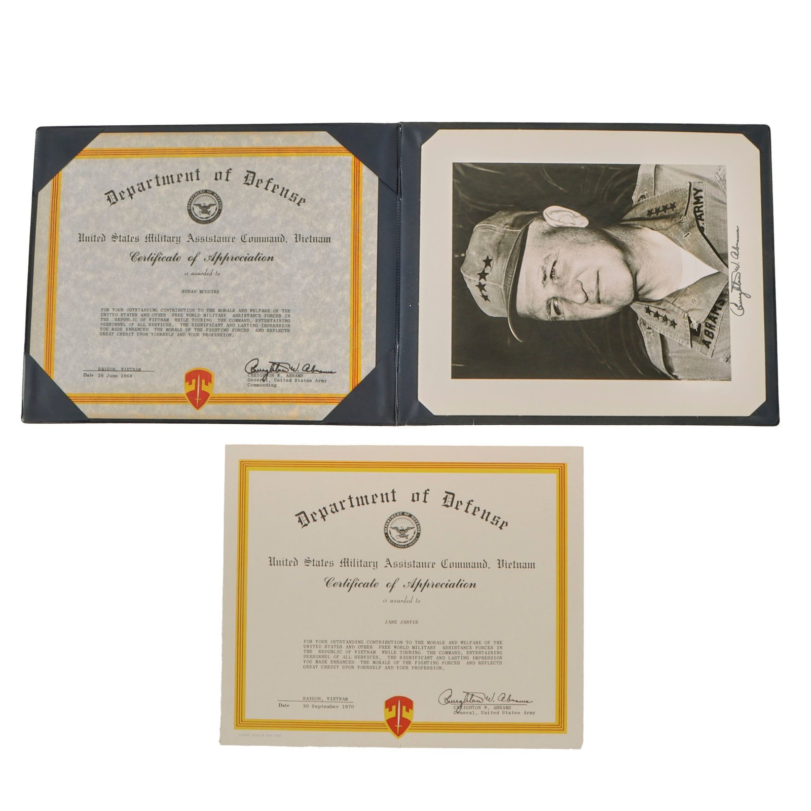 Original U.S. Vietnam War Certificates of Appreciation for USO Entertainers Jane Jarvis & Susan McGuire Signed by Creighton Abrams with Signed Photo