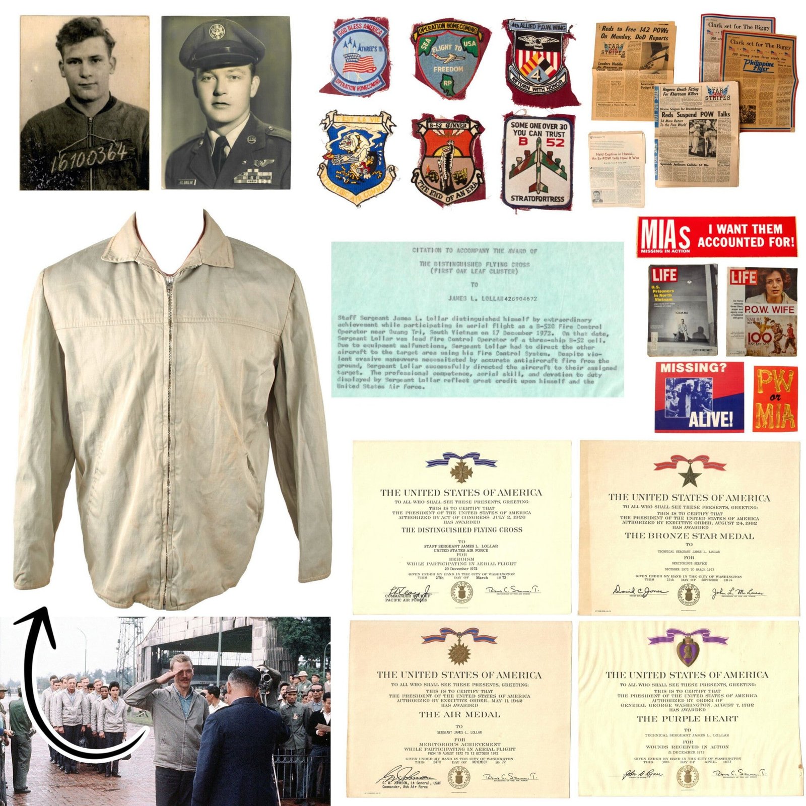 Original U.S. Vietnam War Prisoner of War Grouping with Operation Homecoming North Vietnamese-Issued Jacket, Distinguished Flying Cross & Bronze Star Award Certificates, and Outstanding Ephemera - B-52 Gunner Staff Sergeant James Leon Lollar