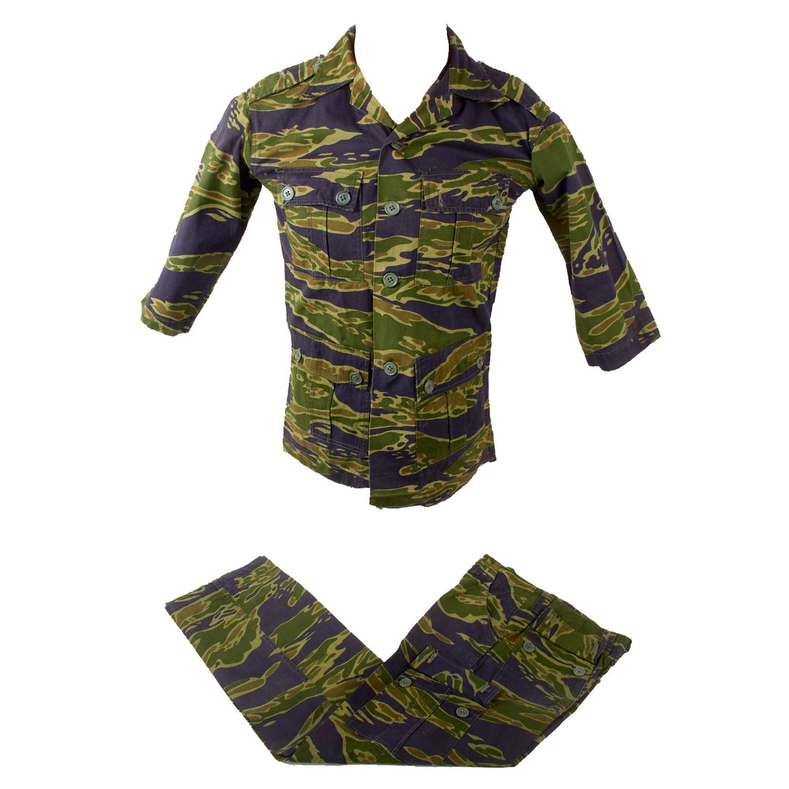 Original South Vietnamese Vietnam War AVRN Tigerstripe Uniform Set Shirt & Pants in Late War Style VNMC 7th Pattern - Dated 1973