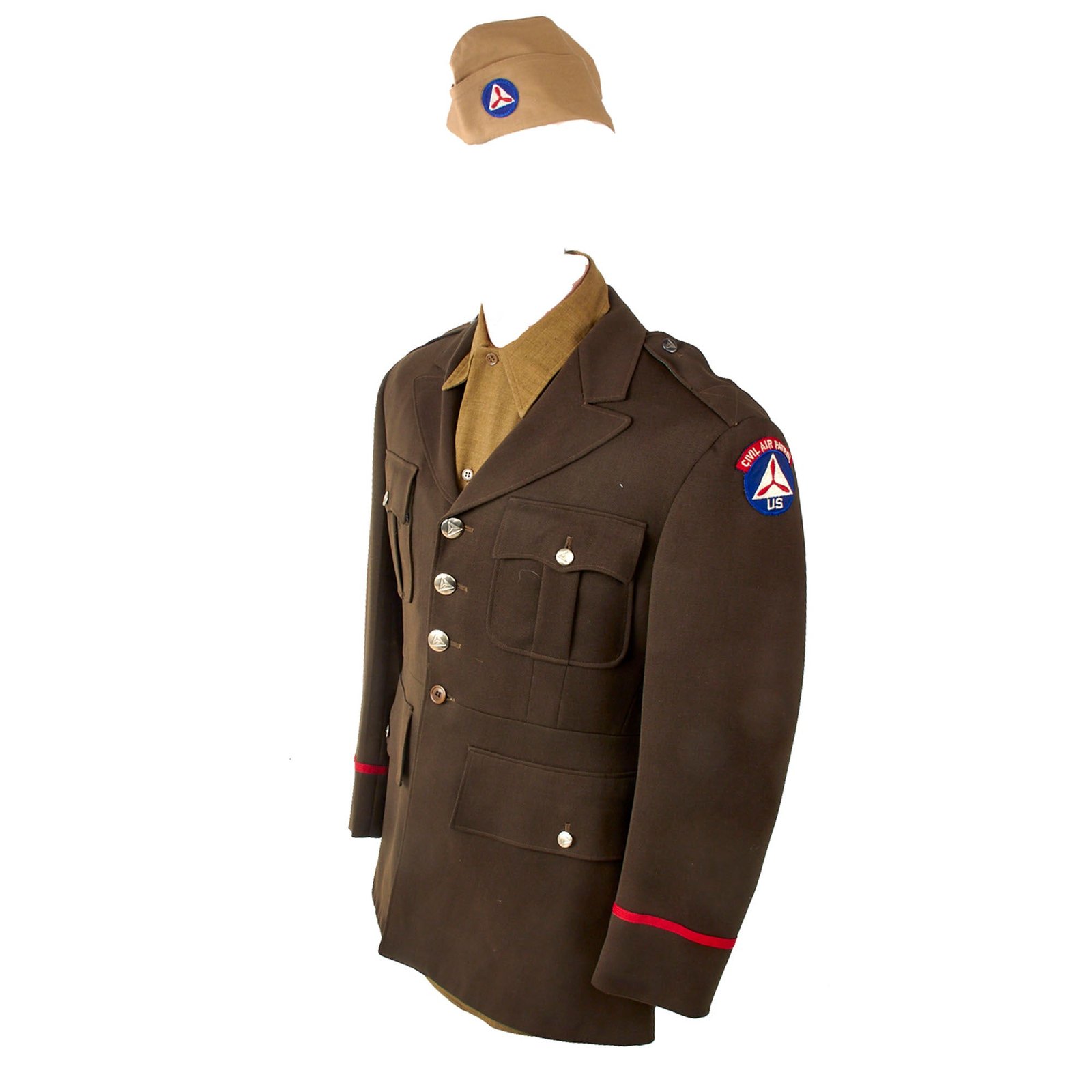 Original U.S. WWII Civil Air Patrol Officer’s Uniform Grouping with Jacket, Shirt, Garrison Caps and Cadet Badge