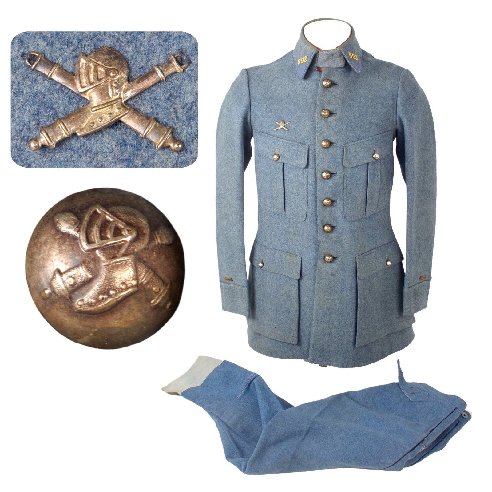Original French WWI Armored Tanker Lieutenant Officer’s Horizon Blue Wool Uniform Set with Stitched Armor Badge & Replaced Collar Tabs