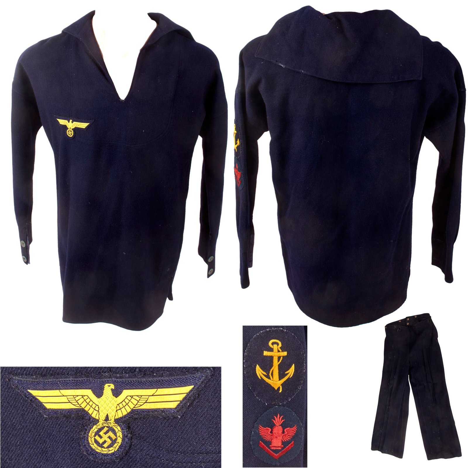 Original German WWII Kriegsmarine Navy Flak Gun Leader Bootsmannmaat Petty Officer Blue Wool Uniform Jumper & Trousers