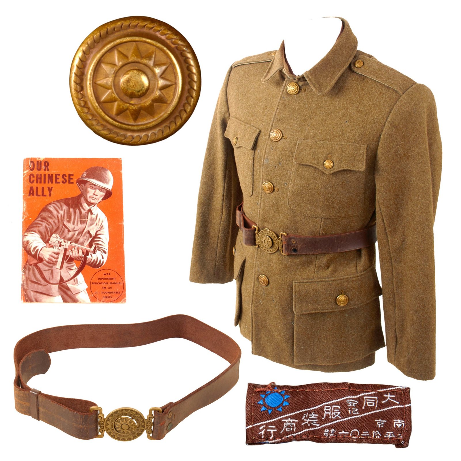 Original Chinese WWII KMT Officer’s Wool Tunic with KMT “Spoon & Wreath” Belt and U.S. “Our Chinese Ally” Booklet - Extremely Rare
