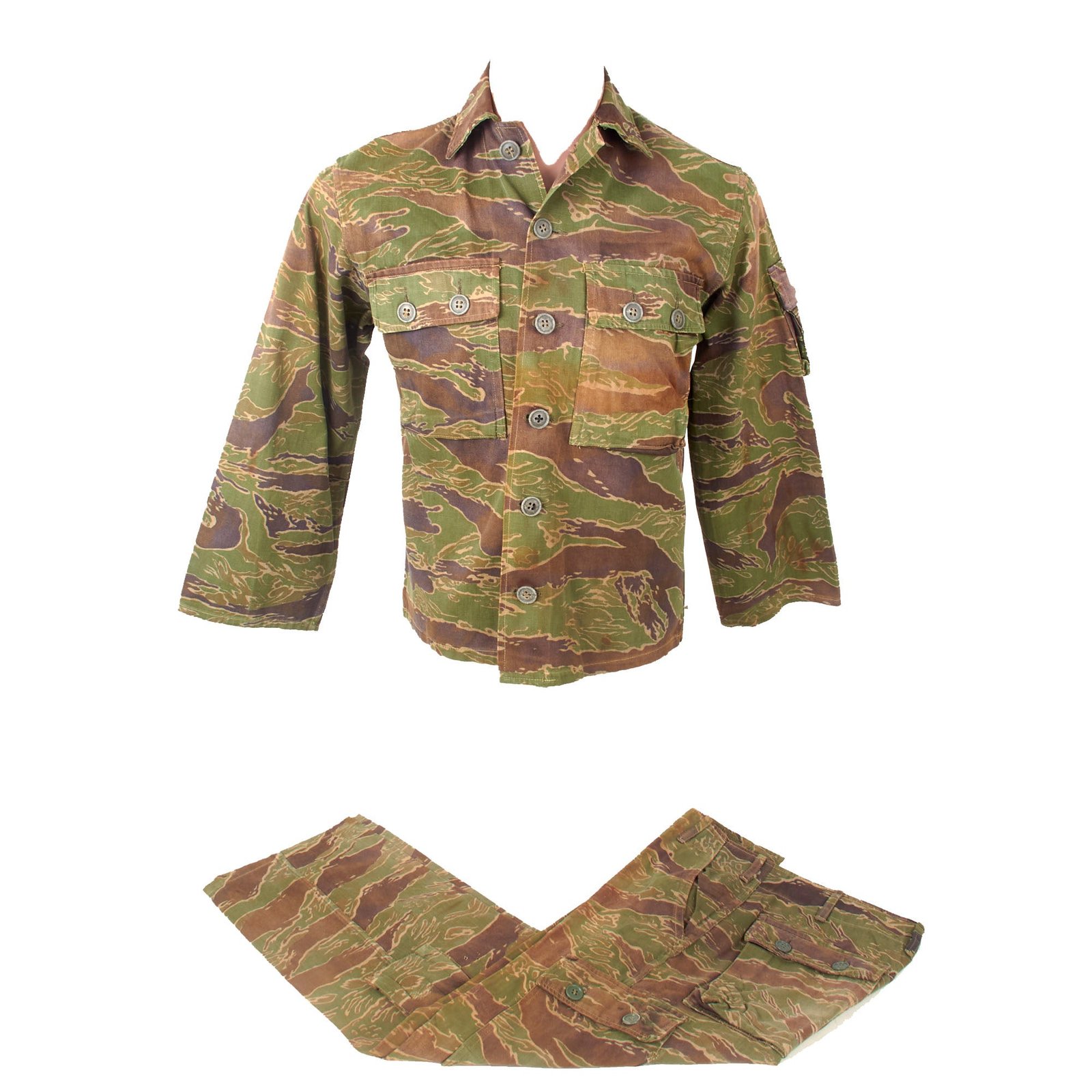 Original South Vietnamese Vietnam War AVRN Tigerstripe Tadpole Uniform Set Shirt & Pants with Markings & Field Repairs