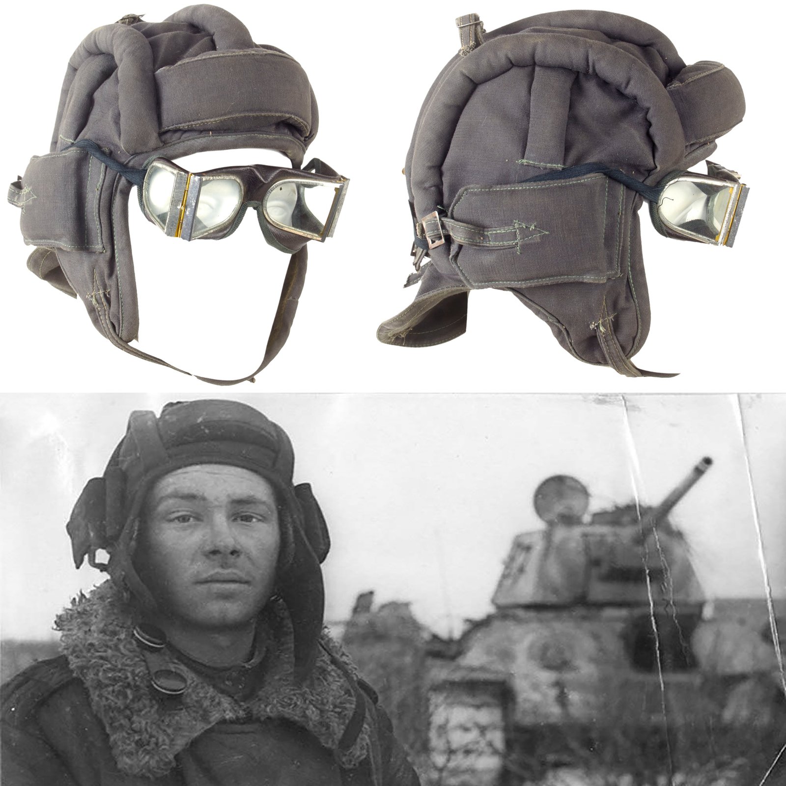 Original Soviet WWII TSh-4 Tanker Helmet with Goggles - Wartime Manufacture 55096