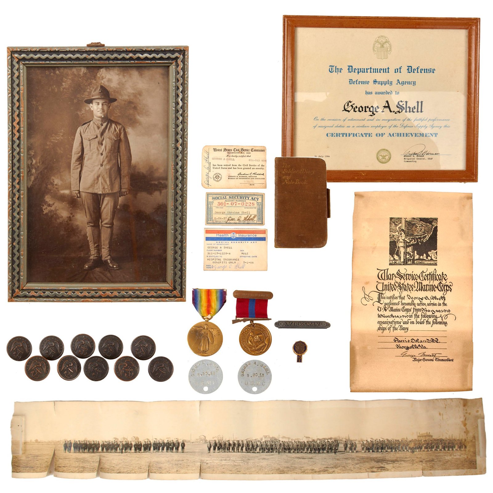 Original U.S. WWI Marine Corps Dog Tag & Good Conduct Medal with Accompanying Documents & Ephemera - Private George Abraham Shell