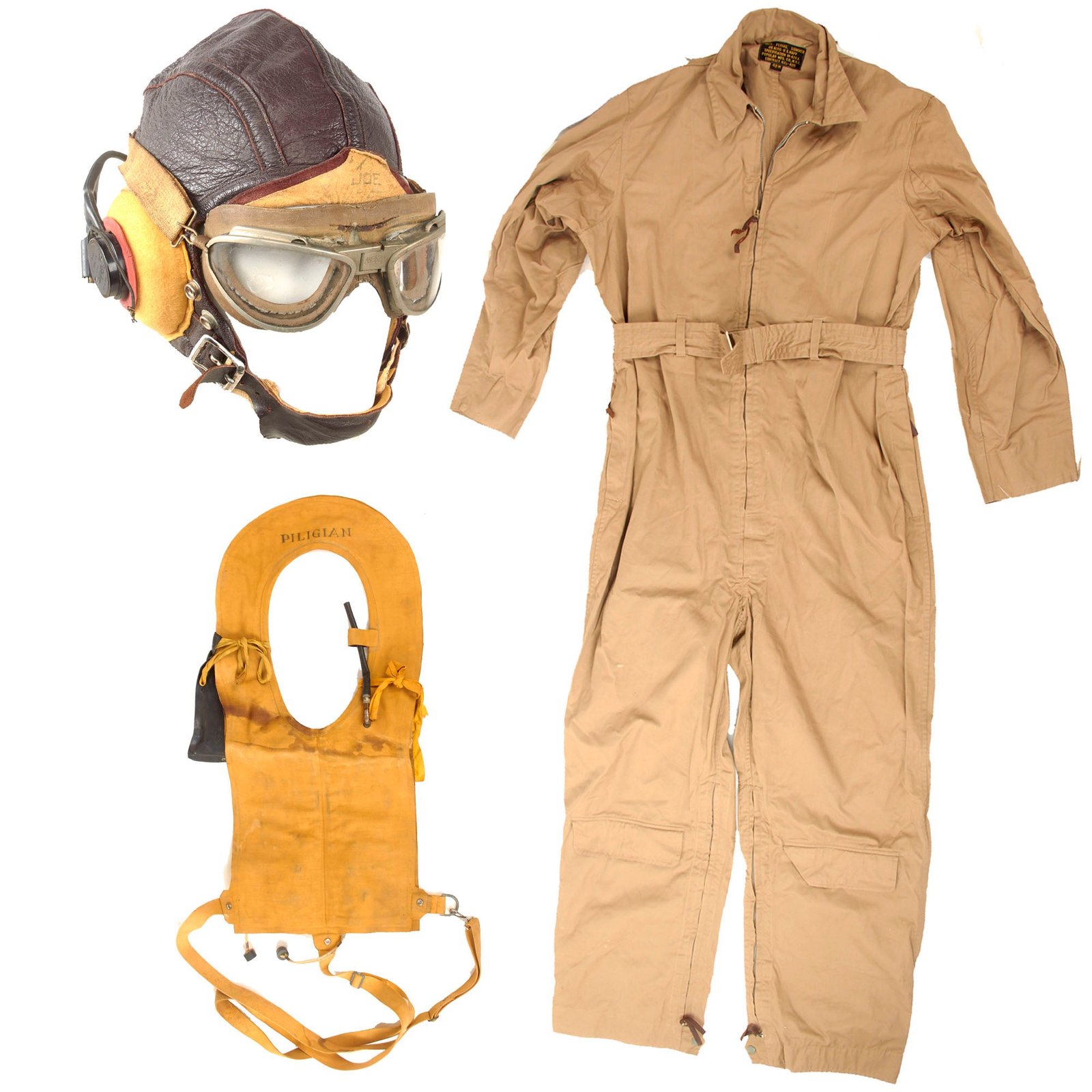 Original U.S. WWII Navy Pilot’s Uniform Lot with Summer Flight Suit, Flight Helmet with Avionics & Goggles, USN Marked Mae West Life Jacket with Shark Chaser