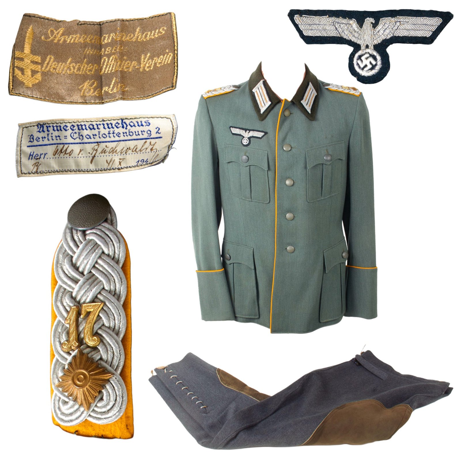 Original German WWII Heer Army Named 17th Cavalry Regiment Oberstleutnant Officer M36 Service Tunic with Leather Reinforced Breeches - Dated 1941