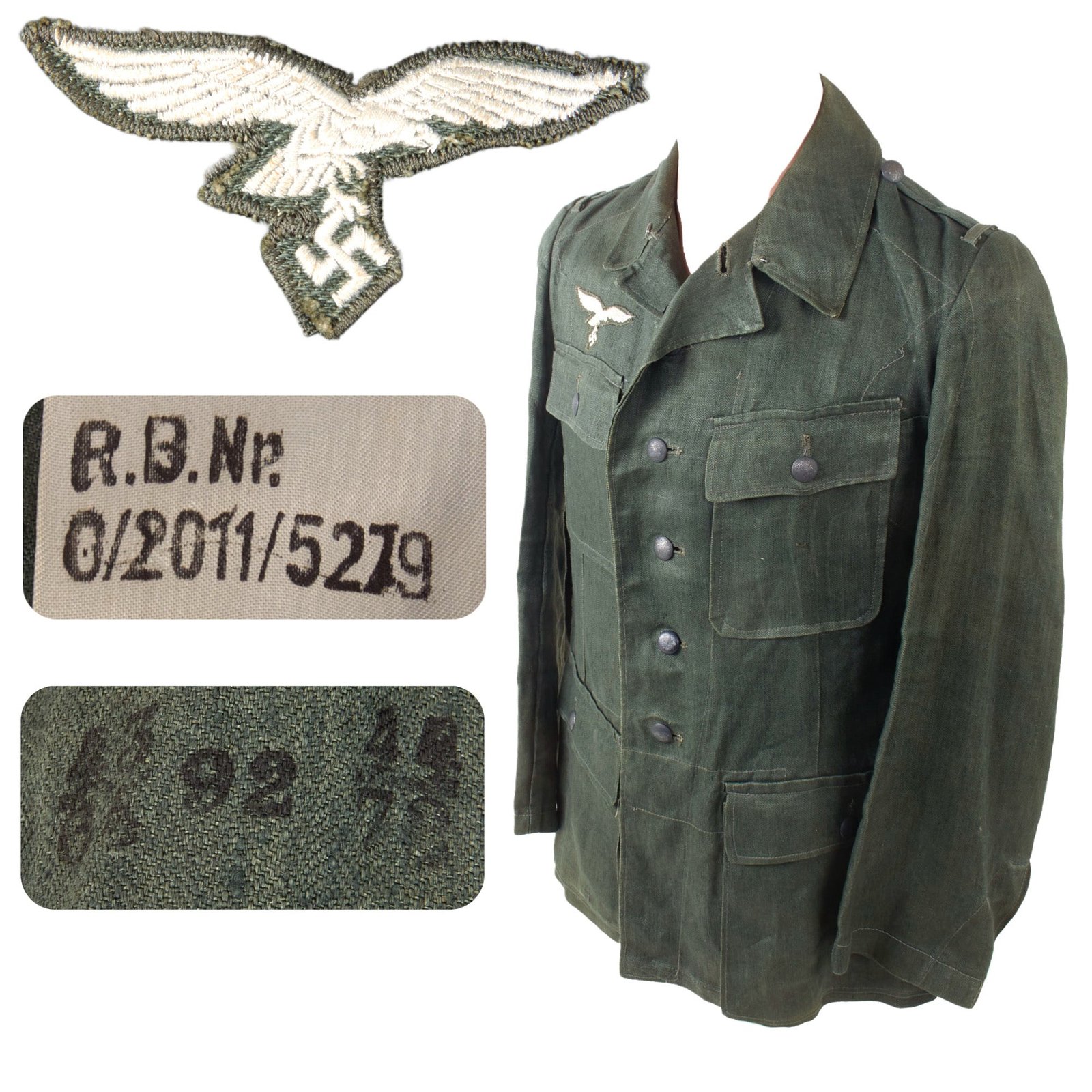 Original German WWII Luftwaffe Enlisted HBT Reed Green M43 Service Tunic with RBNr. Markings