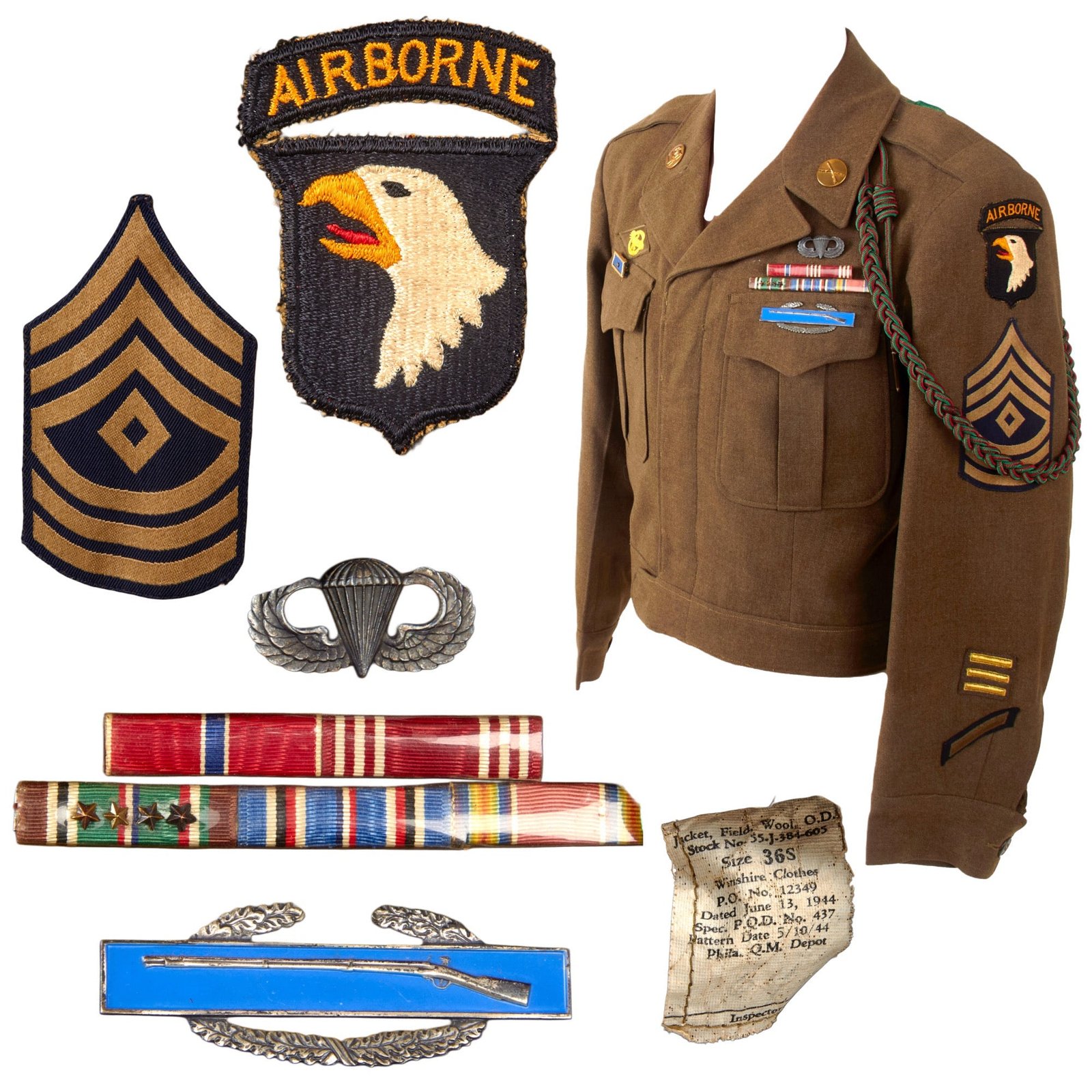 Original U.S. WWII 101st Airborne Division Paratrooper First Sergeant Uniform Ike Jacket with Bronze Star Ribbon Bar