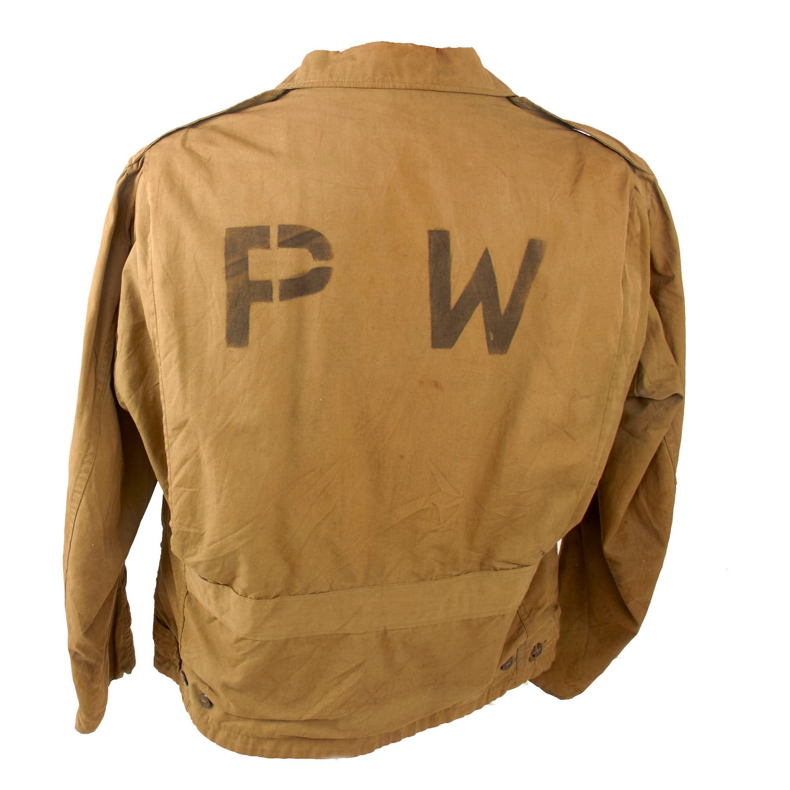 Original U.S. WWII M-1941 Field Jacket with Axis Prisoner of War PW Stenciled on Back - Marked Size XL