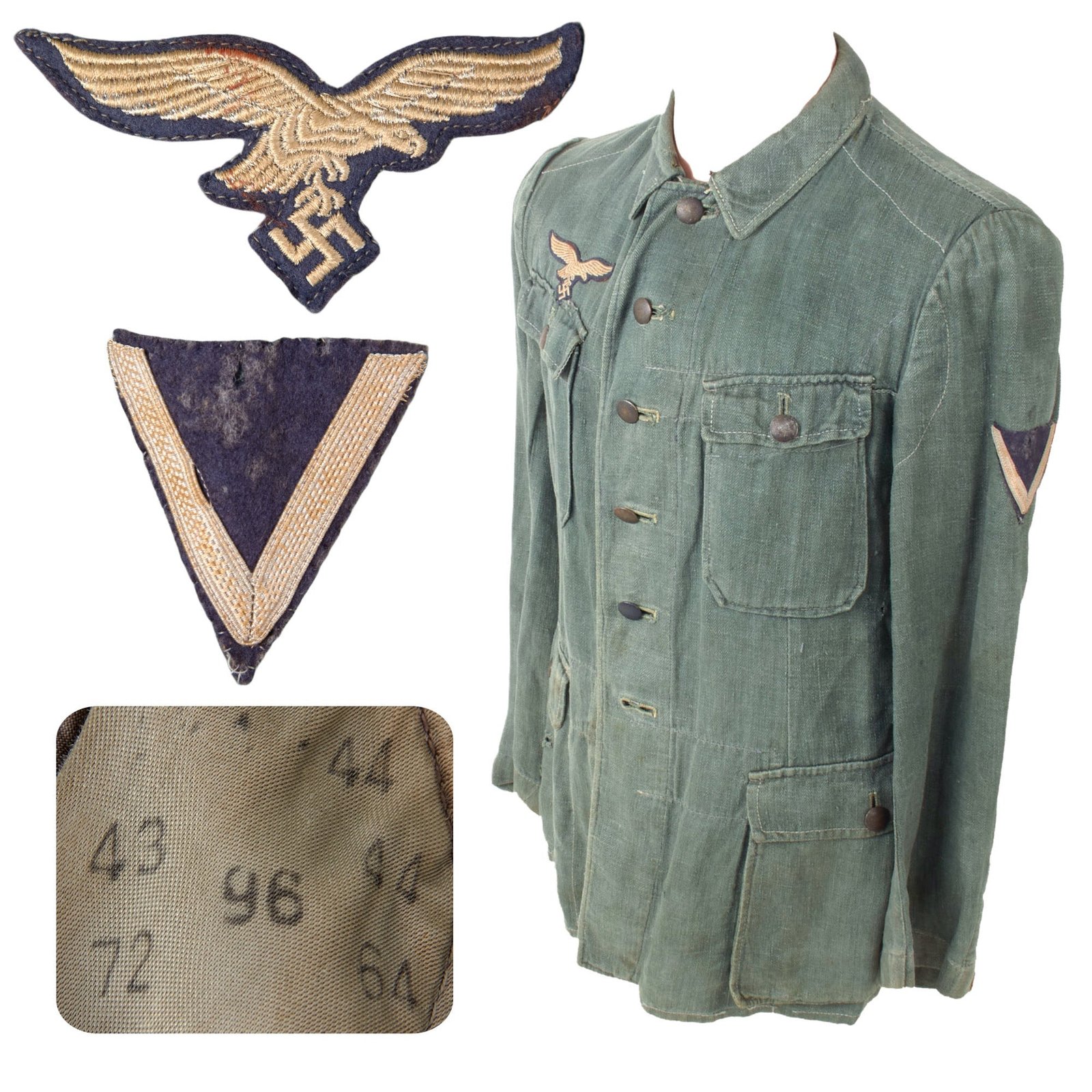 Original German WWII Luftwaffe Gefreiter HBT Reed Green M43 Service Tunic Dated 1944 - Removed Branch Insignia