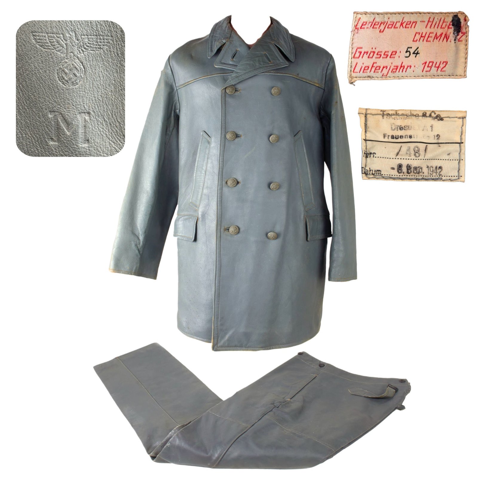 Original German Kriegsmarine U-Boat Double Breasted Leather Jacket and Trouser Set with Marineamt Embossing Markings - Dated 1942