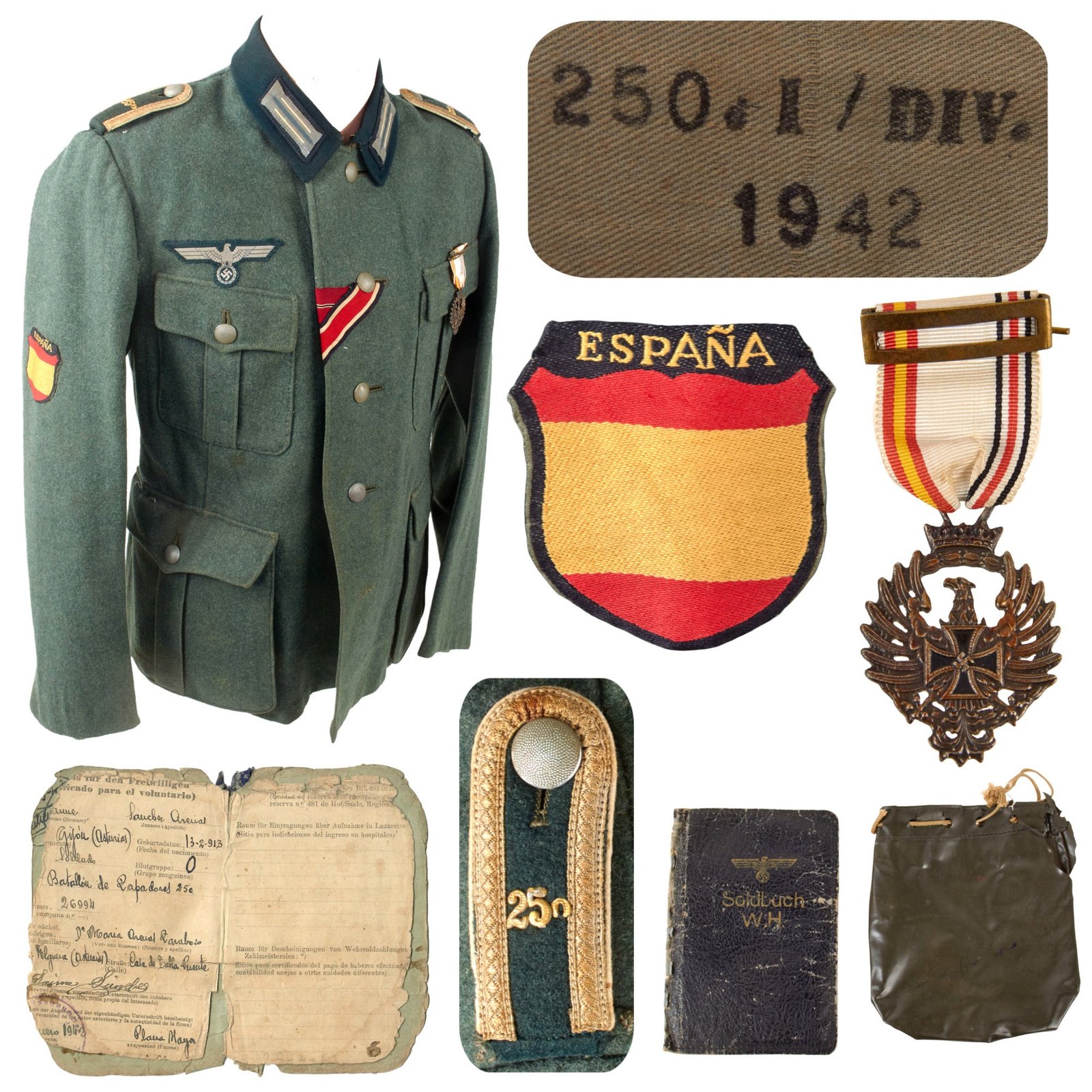 Original German WWII Spanish Volunteer 250th Infantry Blue Division Unteroffizier NCO M36 Uniform Tunic with Named Soldbuch Remnant and Spanish Russian Campaign Medal
