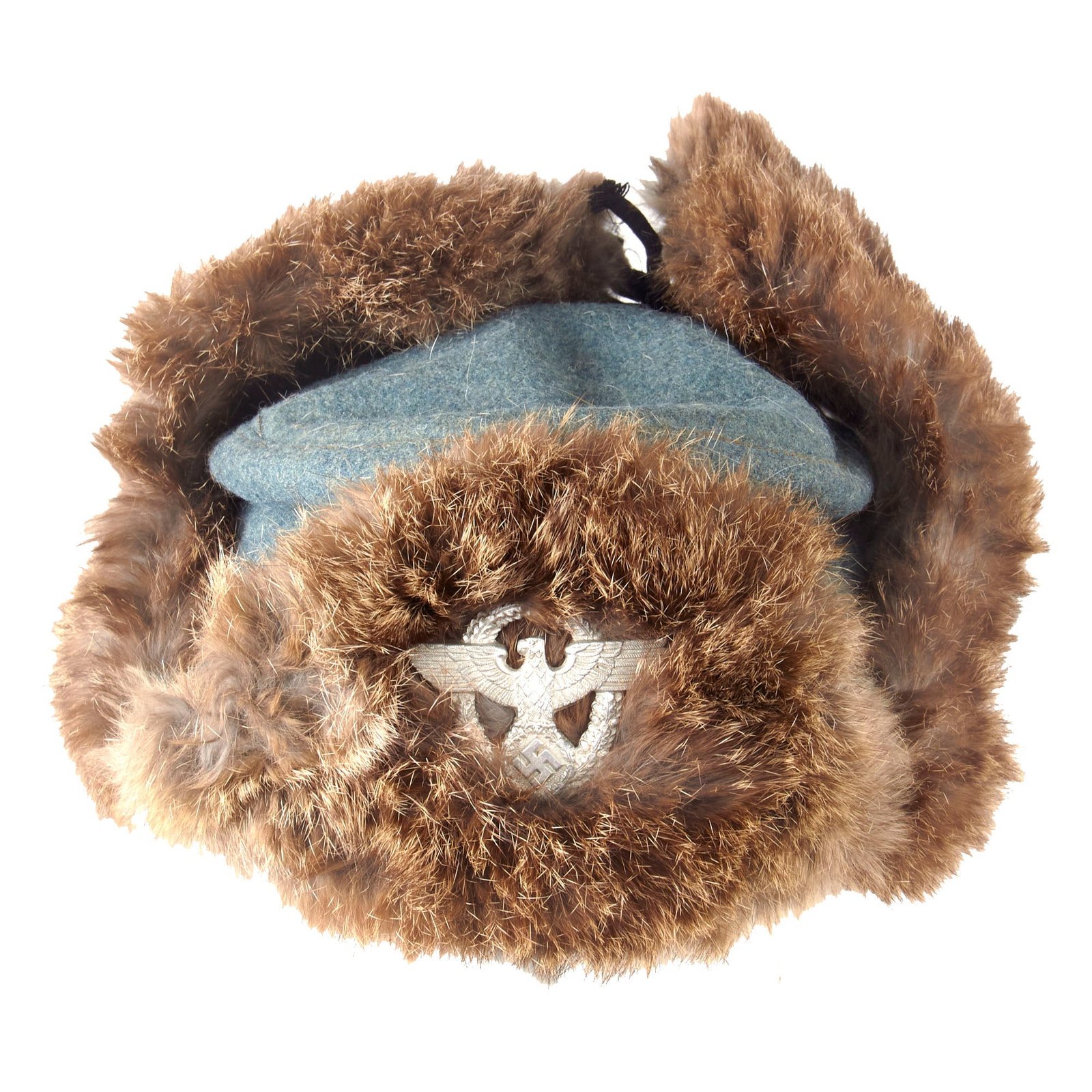 Original German WWII 1944 Dated Field Police Rabbit Fur Pelzmütze Winter Hat with RBNr. Marking - Size 58cm