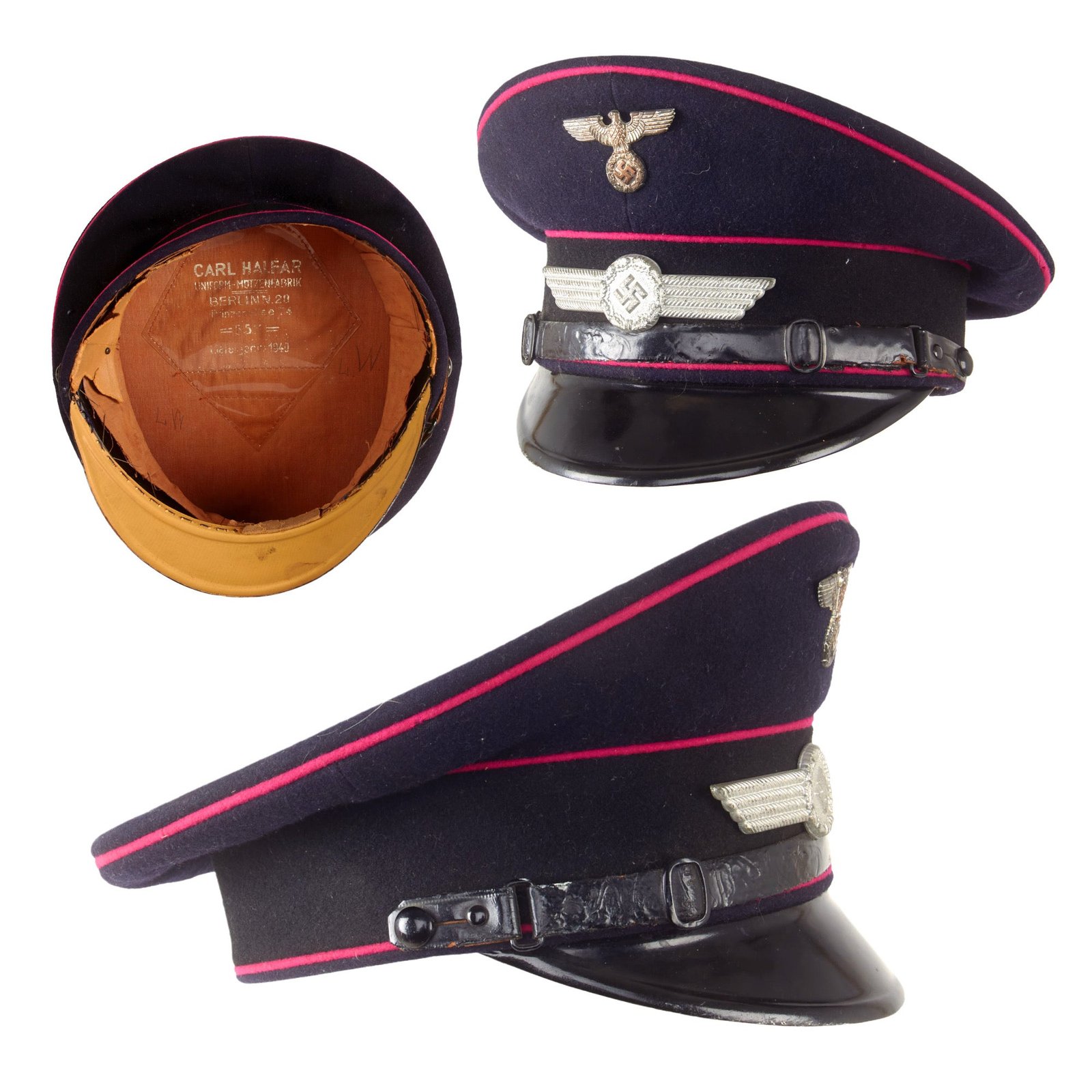 Original German WWII Luftwaffe 1940 Dated Civil Fire Brigade NCO Visor Cap By Carl Halfar in Size 55 1/2 - Partial Sweatband