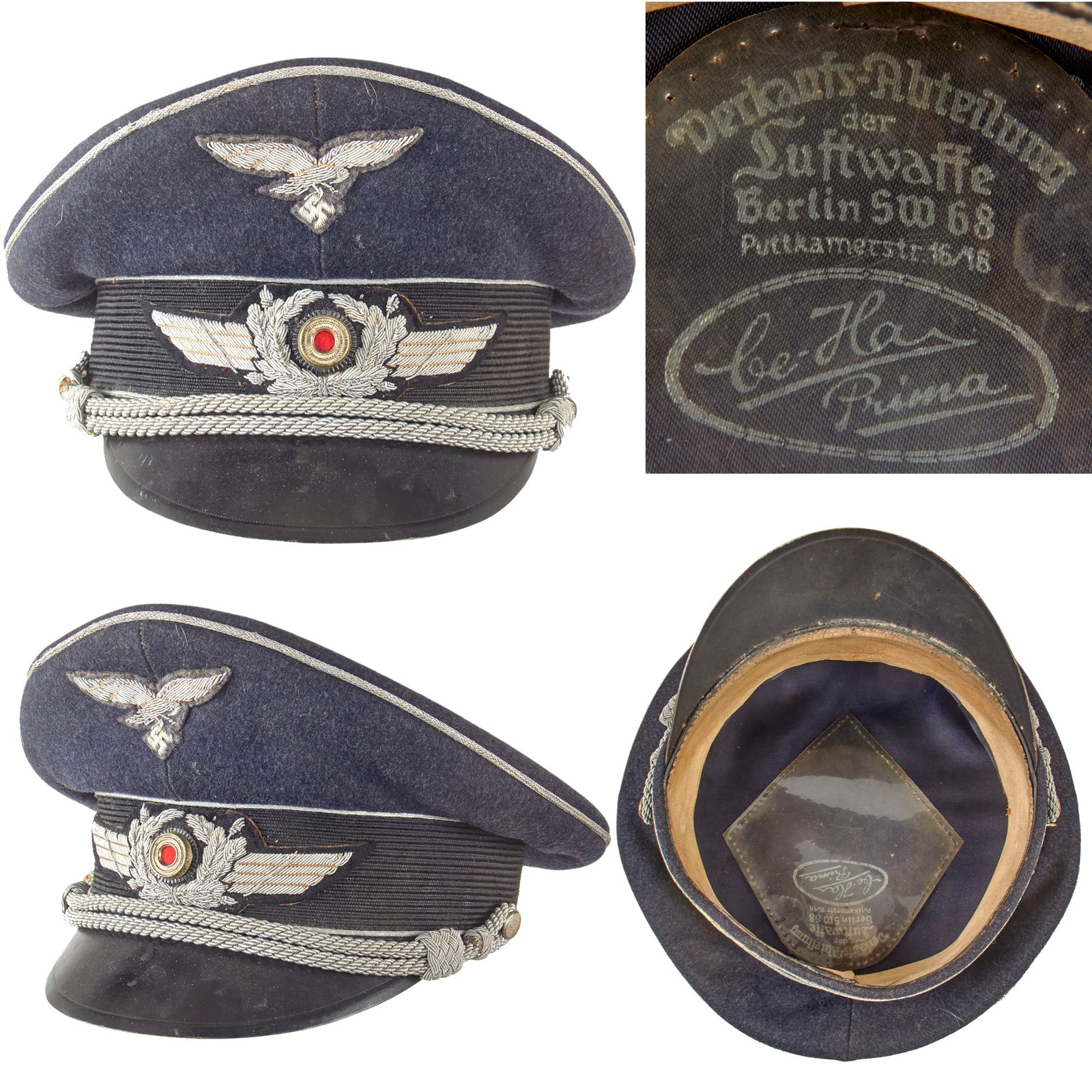 Original German WWII Luftwaffe Officer Schirmmütze Visor Cap by Ce-Ha Prima with Embroidered Bullion Insignia