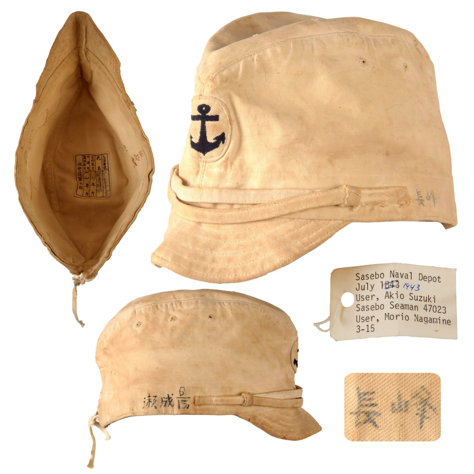 Original WWII Japanese Navy Rare White Cotton Officer’s Forage Cap Dated 1943 with Old Translation Tag