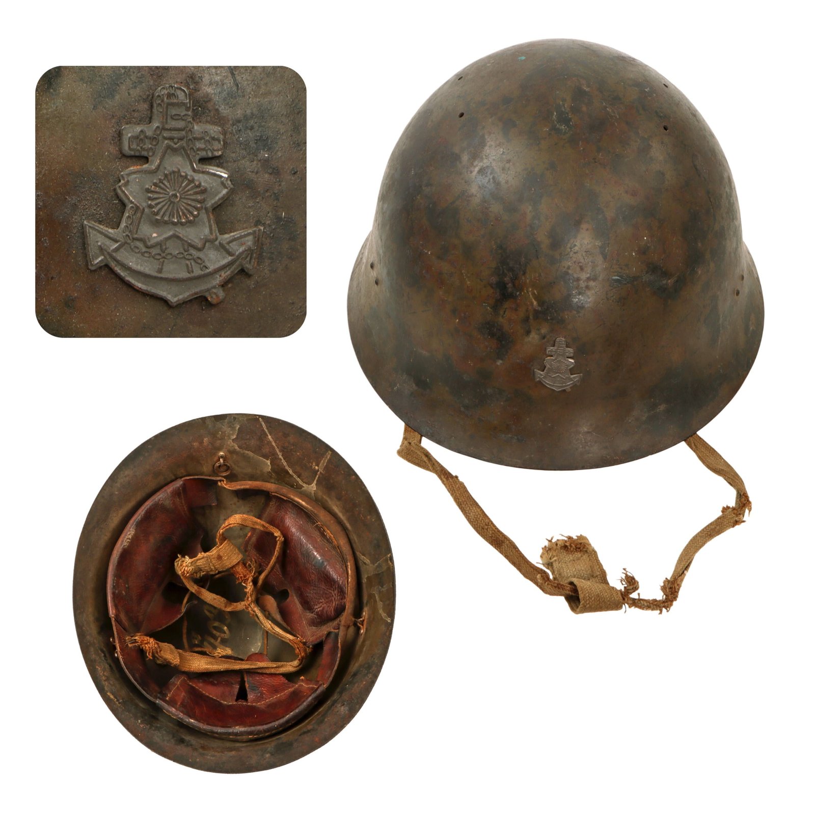 Original WWII Japanese Special Naval Landing Forces (SNLF) Helmet with Metal Badge Insignia & Liner - Partial Chinstrap