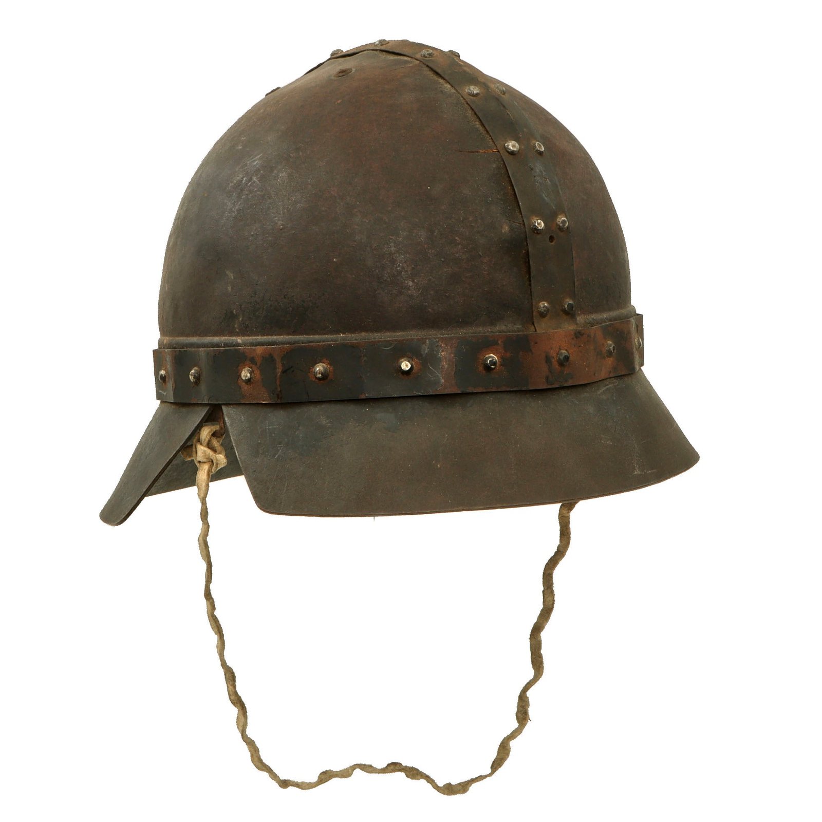 Original WWII Imperial Japanese Unusual Medieval-Style Civil Defense Helmet with Steel Trim & Liner - Maker-Marked