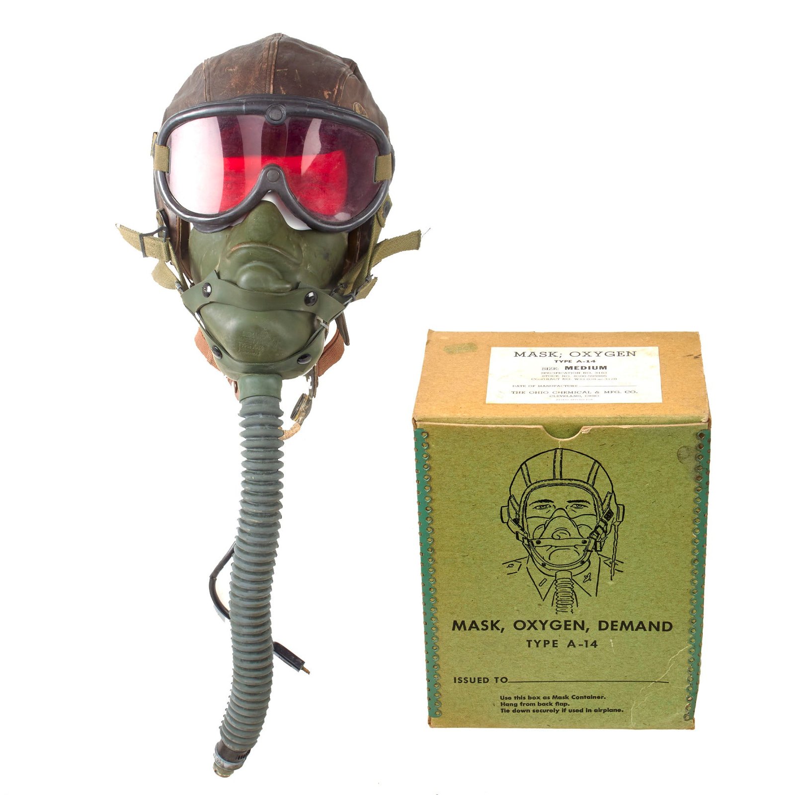 Original U.S. WWII Army Air Forces Aviator Flight Helmet Set - M-1944 Goggles, A-14 Mask with Box, A-11 Helmet, and Throat Mic