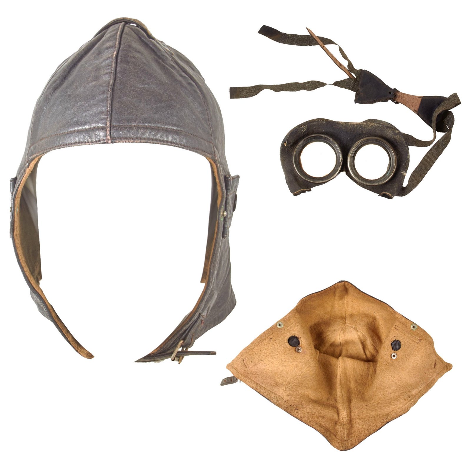 Original Imperial German WWI Luftstreitkräfte Pilot Helmet with PRYM Snaps & Facial Goggles