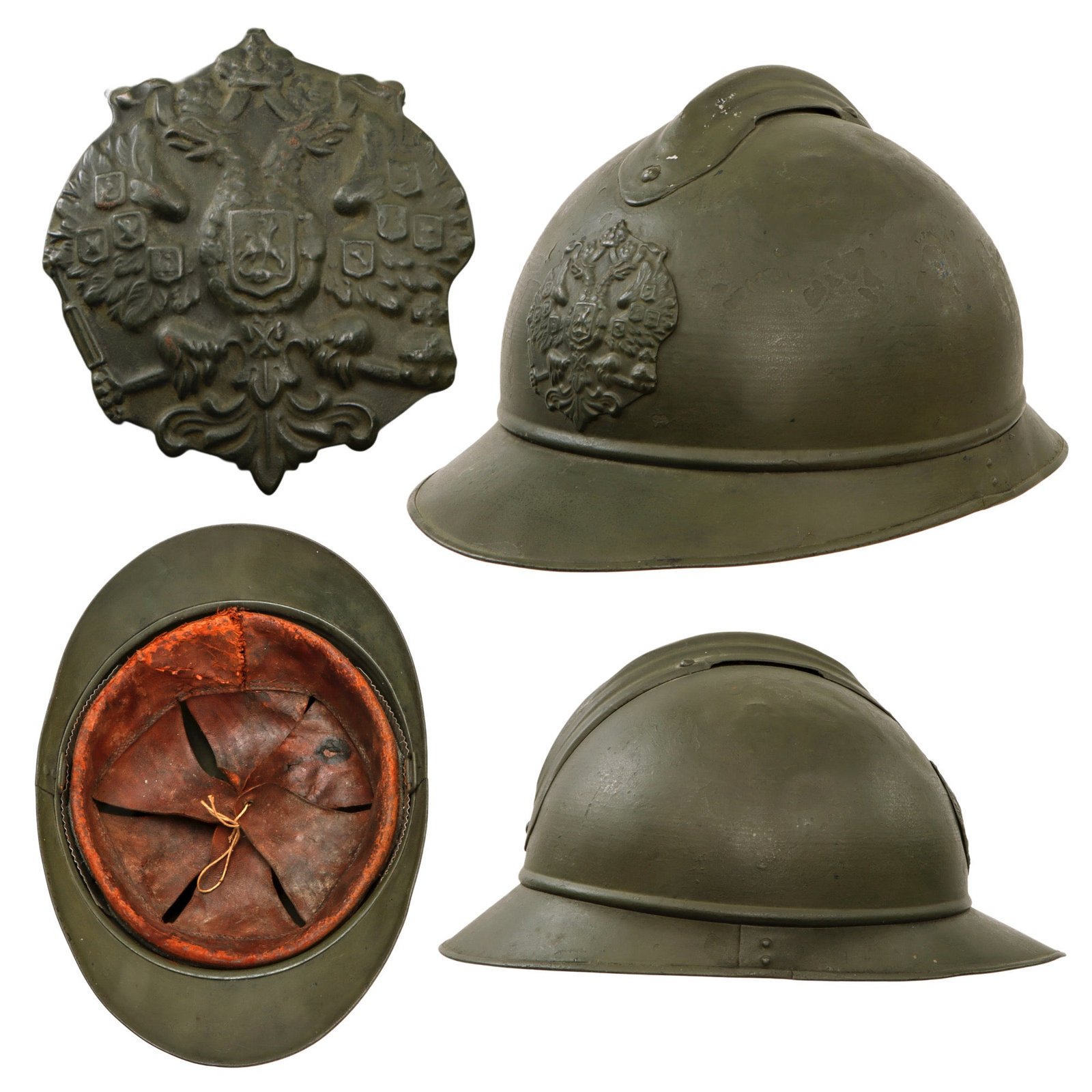Original Rare Russian WWI 2nd Issue M-1915 French Adrian Helmet with Russian Plate & Liner - Painted Green