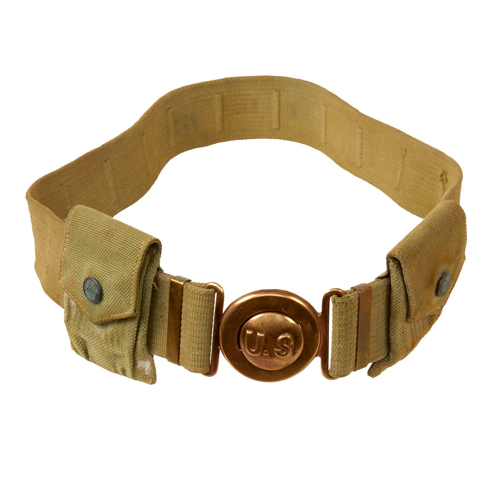Original U.S. WWI M1910 Garrison Belt with Eagle Snap Cartridge Pouches by Mills - Dated 1916