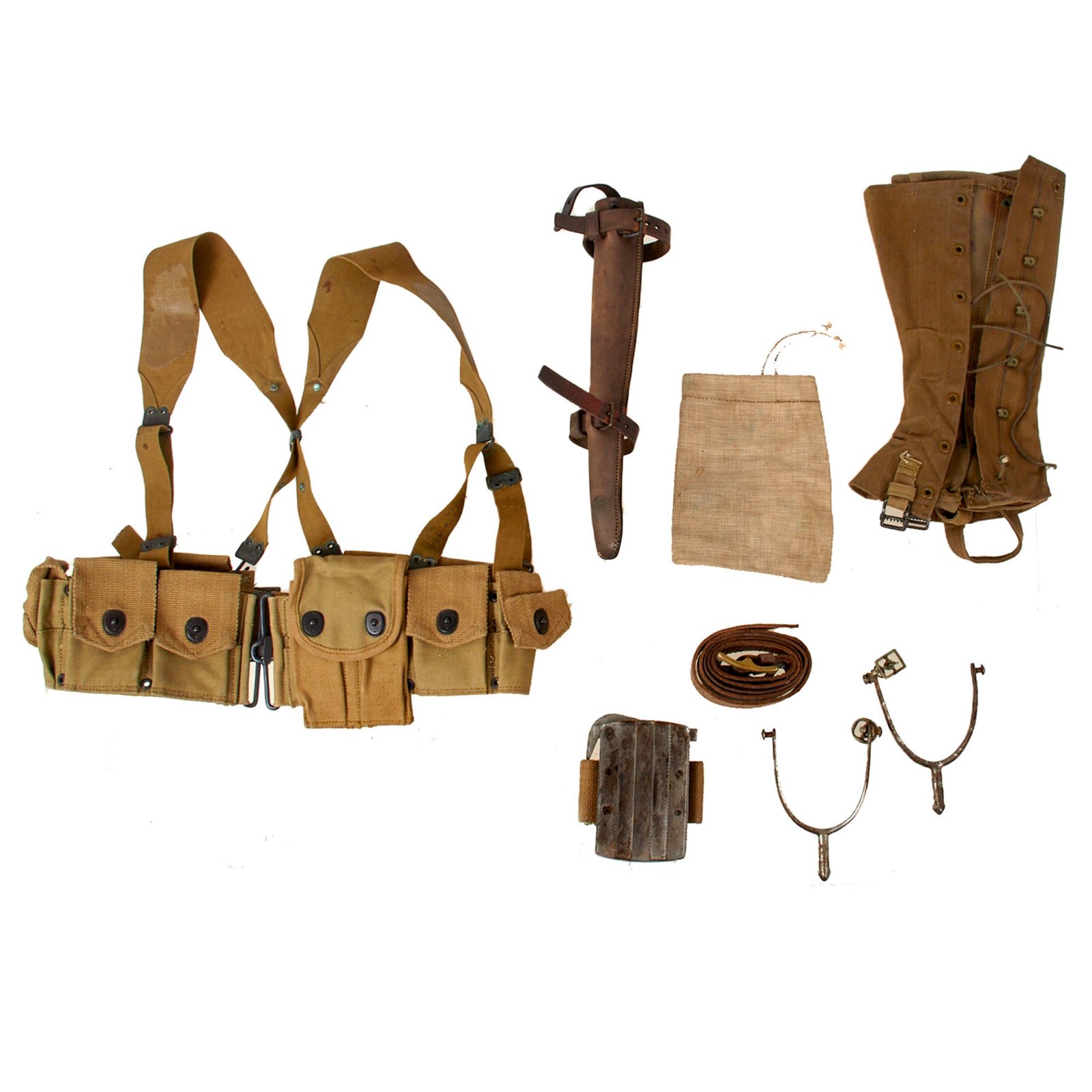 Original U.S. WWI Cavalry Field Gear Lot with Rare Unit-Marked M1907 Suspenders, Cartridge Belt, Spurs, and Gaiters