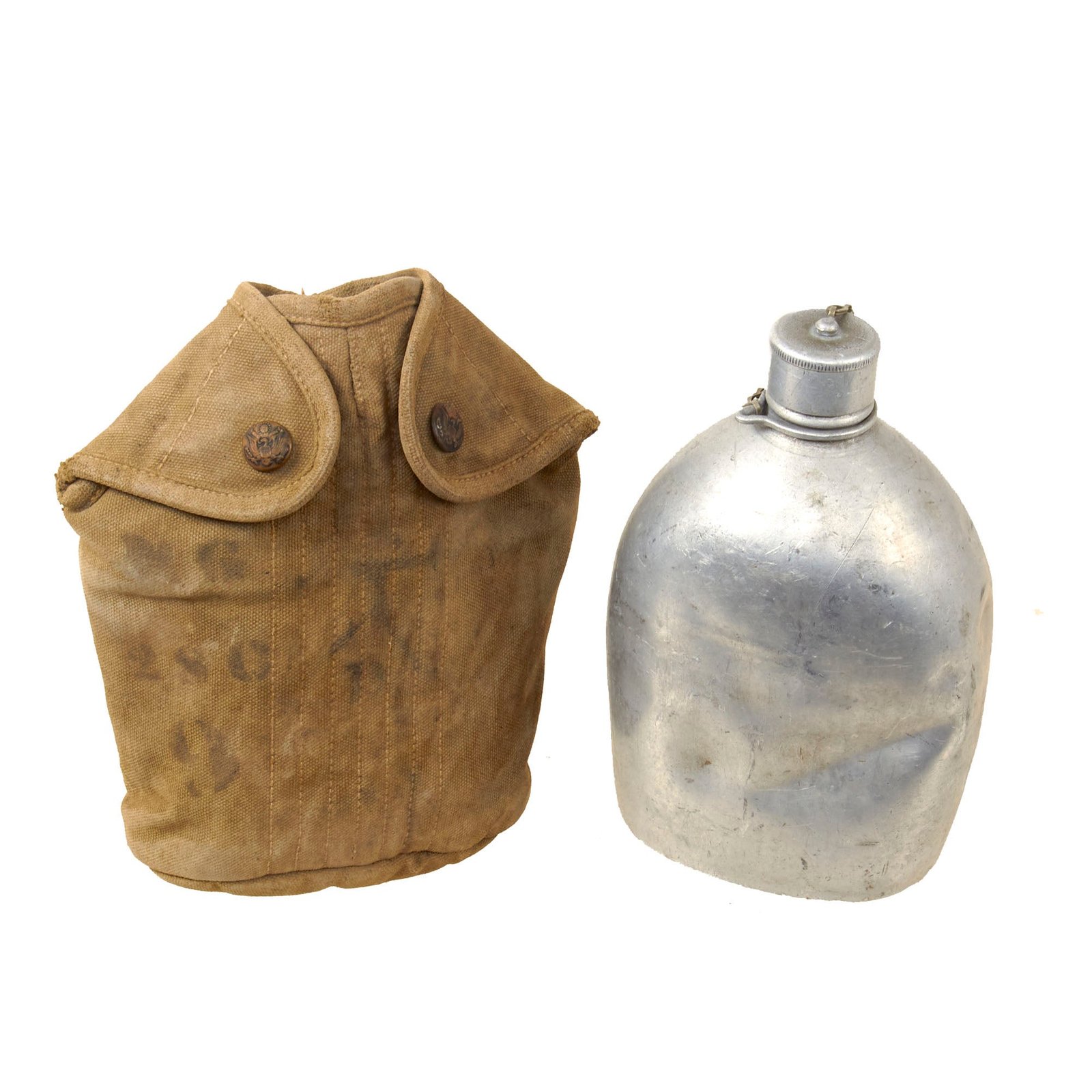 Original U.S. Early WWI “Spun” M1910 Canteen in “Rimless Eagle Snap” Cover Marked to Machine Gun Unit