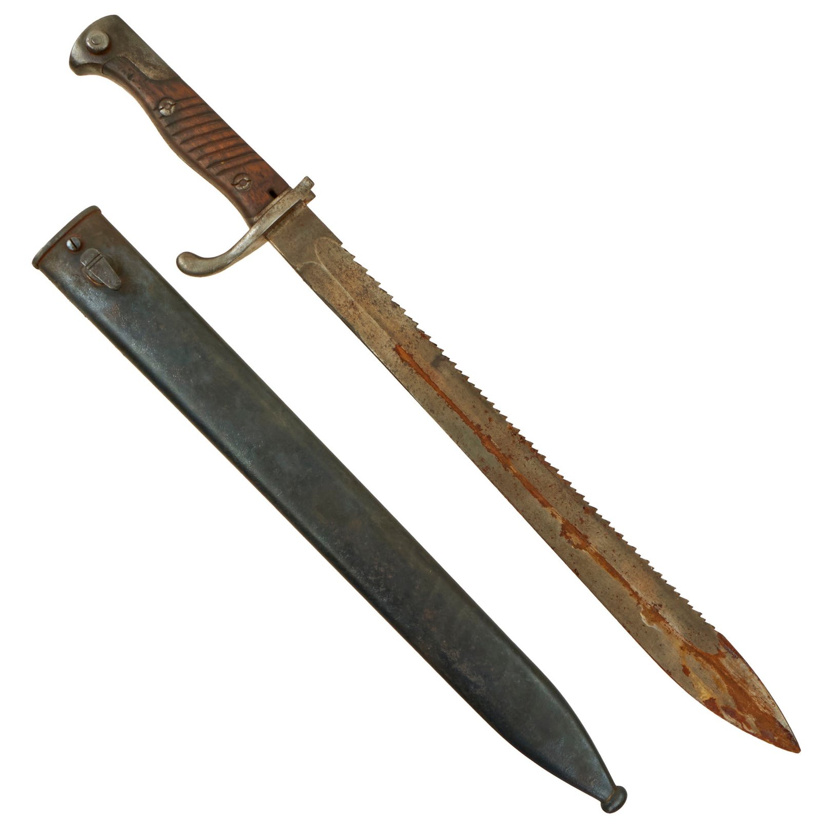 Buy Original German WWI M1898/05 a/A Butcher Sawback Bayonet with "High Horns" by P.D. Lüneschloss Solingen with Scabbard - 1913 Dated | Original Firearms Antique For Sale
