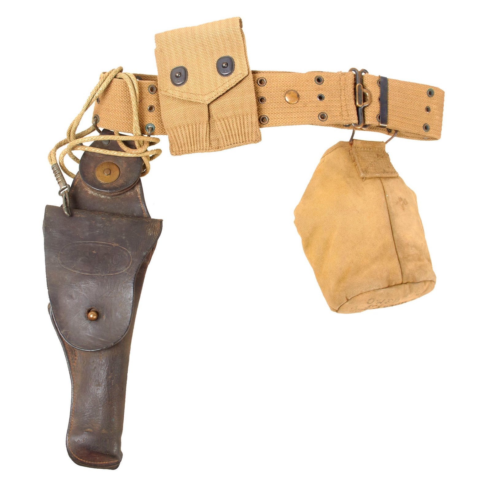 Original U.S. WWI Era Marine Corps Belt Rig with M1912 Colt 1911 USMC Swivel Holster & Named USMC-Marked Canteen Cover - Dated March 1917