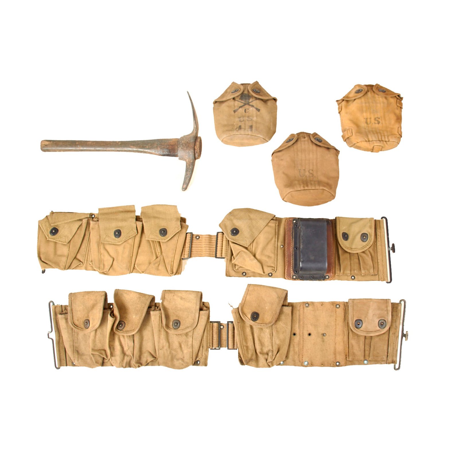 Original U.S. WWI BAR Gunner Field Gear Lot with Belts & Canteen Covers with Pickaxe