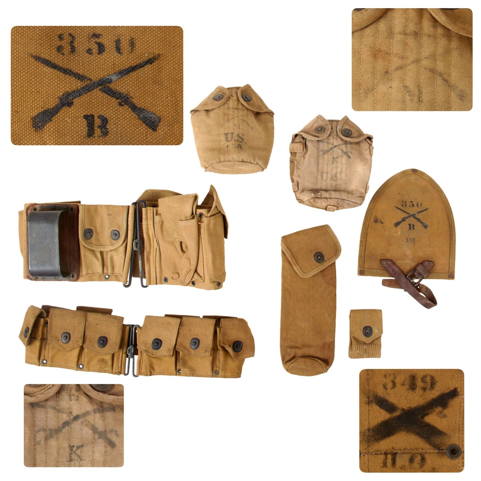Original U.S. WWI Unit-Marked Field Gear Lot - M1910 Cartridge Belt Stenciled to African American 349th Field Artillery, Shovel Cover Marked to 350th Infantry, M1910 Cavalry Canteen Cover Marked to 6th Cavalry - 7 Items Total