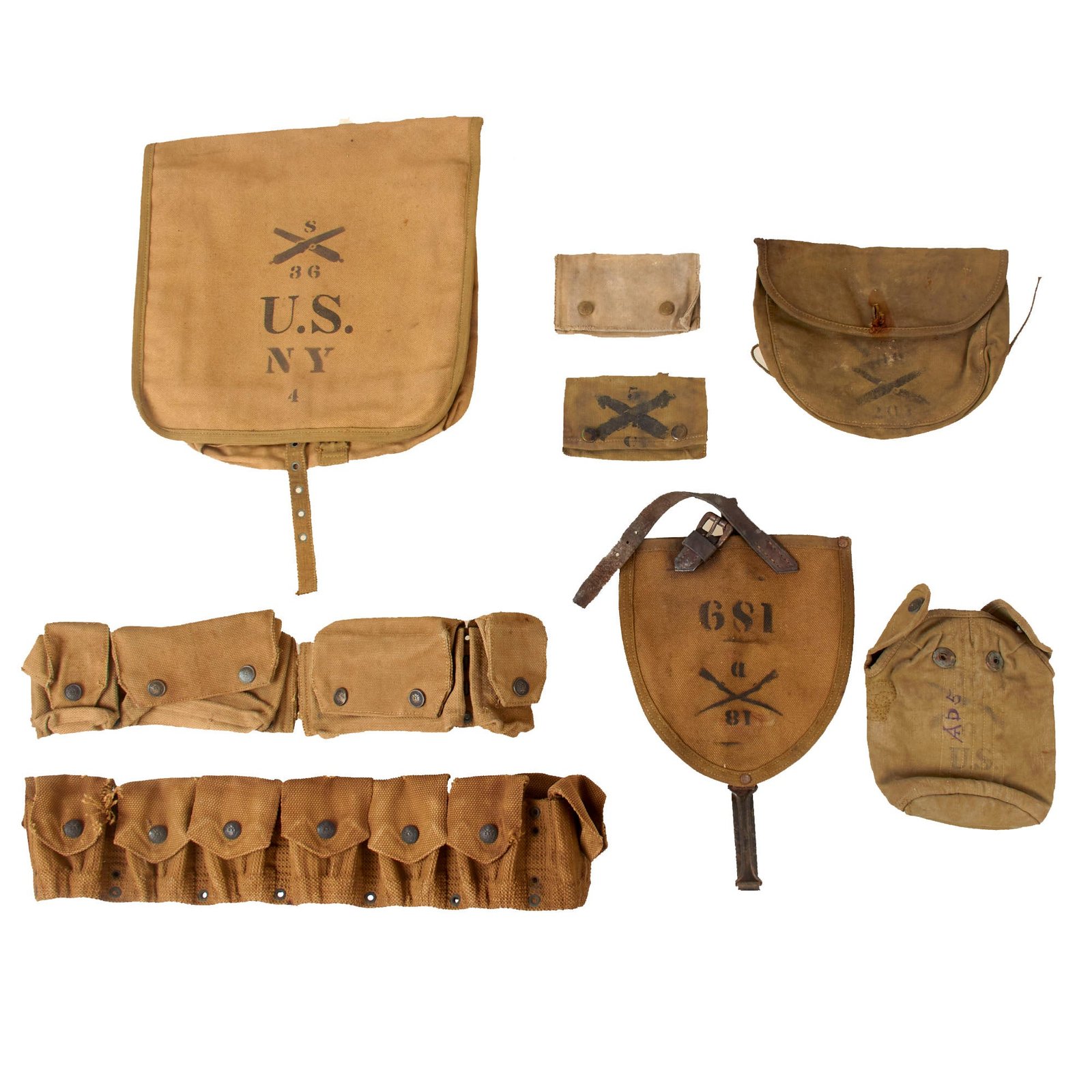 Original U.S. Pre-WWI & WWI Unit-Marked Field Gear Lot - Service-Worn Early Eagle Snap Equipment - Eight Pieces Total