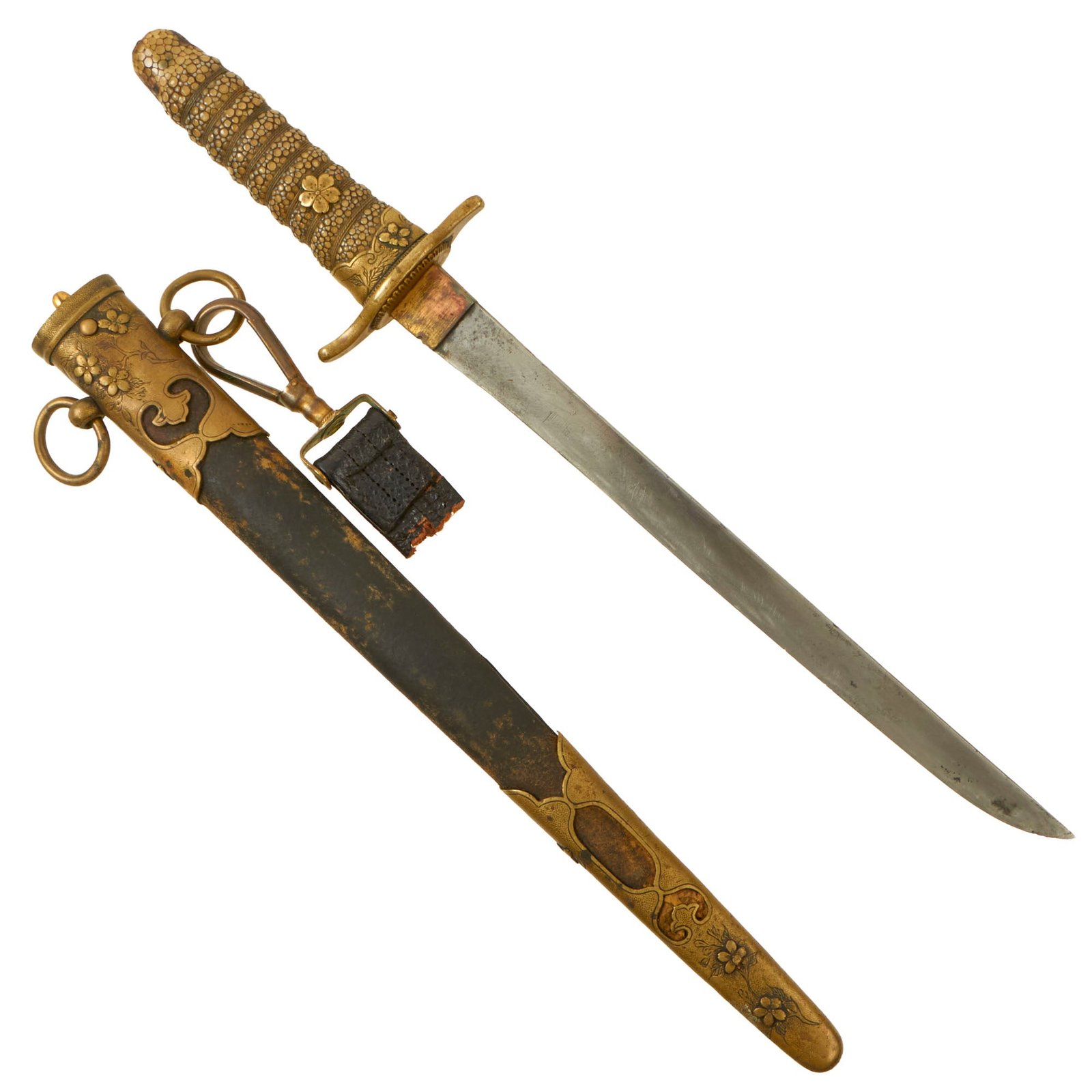 Buy Original Japanese WWII M1883 Naval Officers Dirk with Iron & Brass Leather Scabbard with Partial Hanger | Original Firearms Antique For Sale