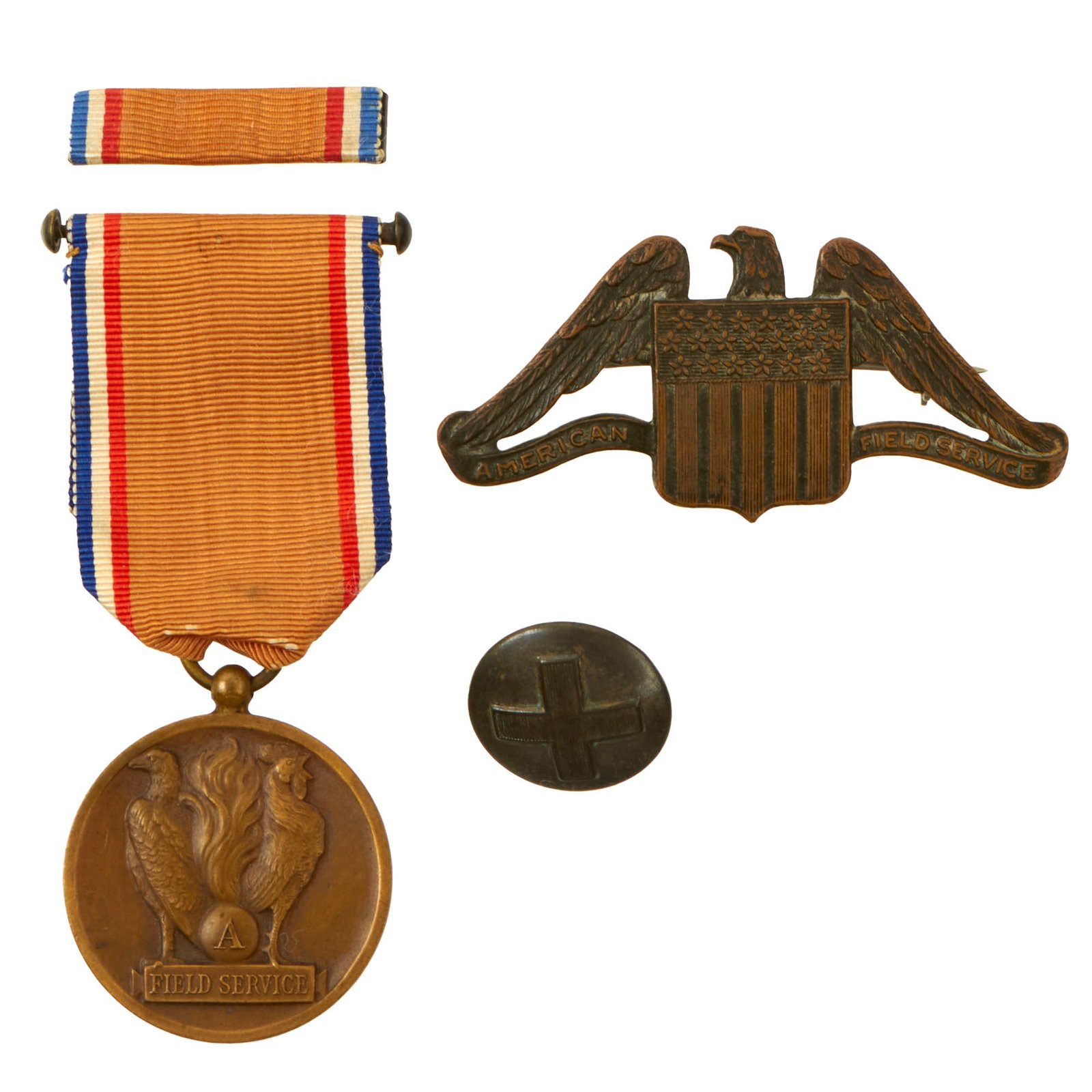 Buy Original U.S. WWI American Field Service Medal & Ribbon with Cap Badge & Uniform Button | Original Firearms Antique For Sale