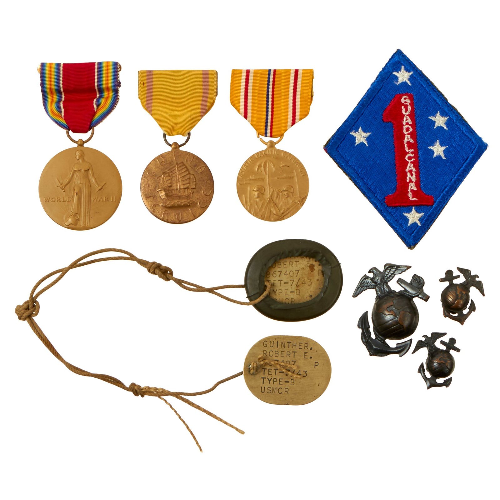 Buy Original U.S. WWII USMC 1st Marine Division Dog Tag & Medal Grouping - Robert Ernest Guinther, Marine Aviation Detachment | Original Firearms Antique For Sale