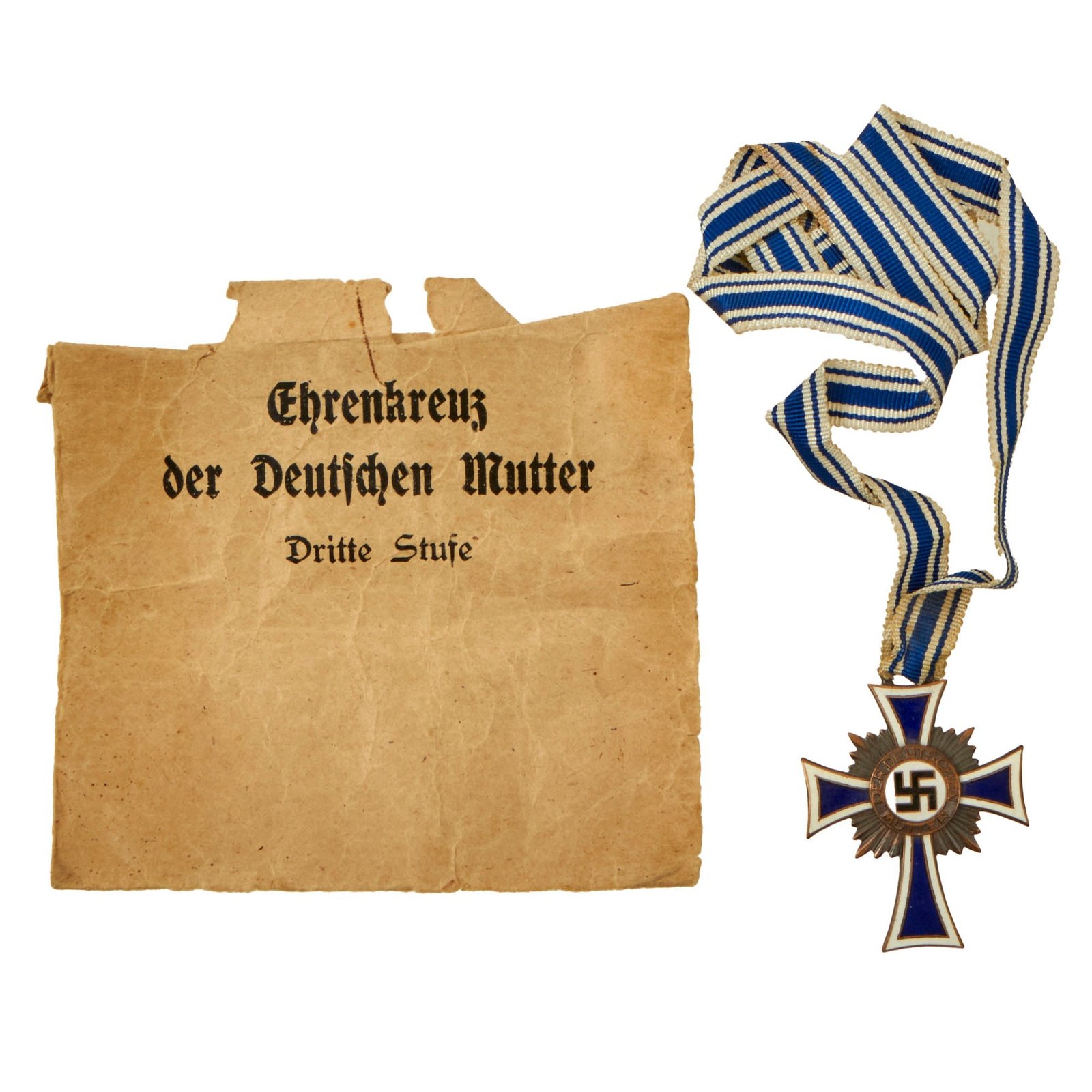 Buy Original German WWII 3rd Class Bronze Mother’s Cross with Ribbon and Award Packet - Cross of Honor of the German Mother | Original Firearms Antique For Sale