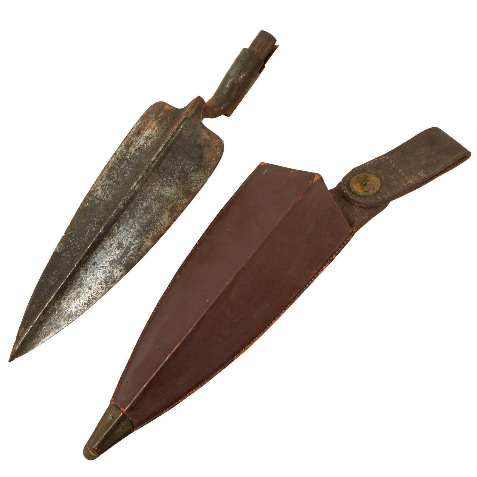 Buy Original U.S. Springfield Trapdoor Model 1873 Trowel Bayonet with Complete Scabbard - Missing Handle | Original Firearms Antique For Sale