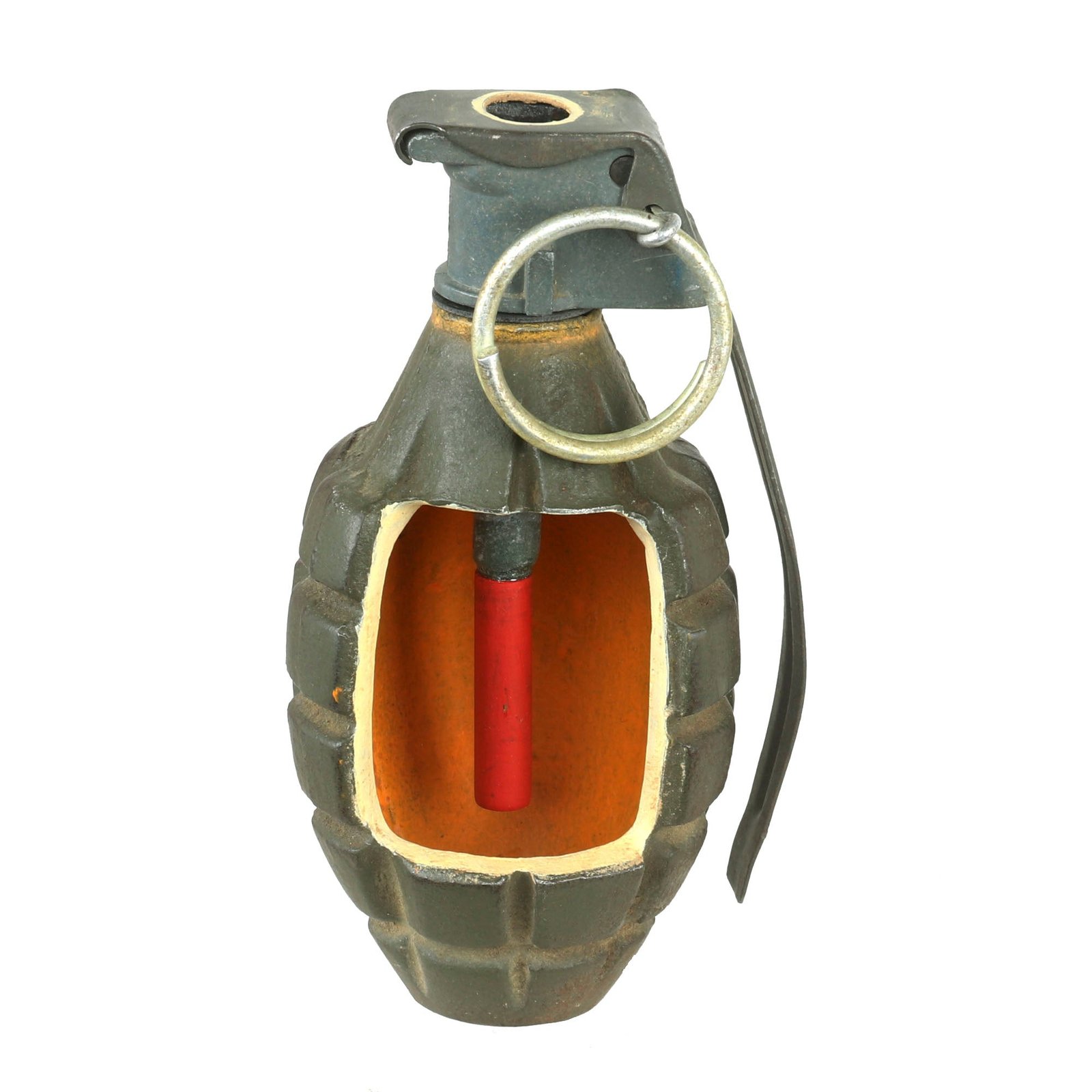 Buy Original U.S. WWII Inert MkII Pineapple Grenade with Yellow Ring & M10A2 Fuze Cutaway Visual Training Aid from Aberdeen Proving Grounds | Original Firearms Antique For Sale