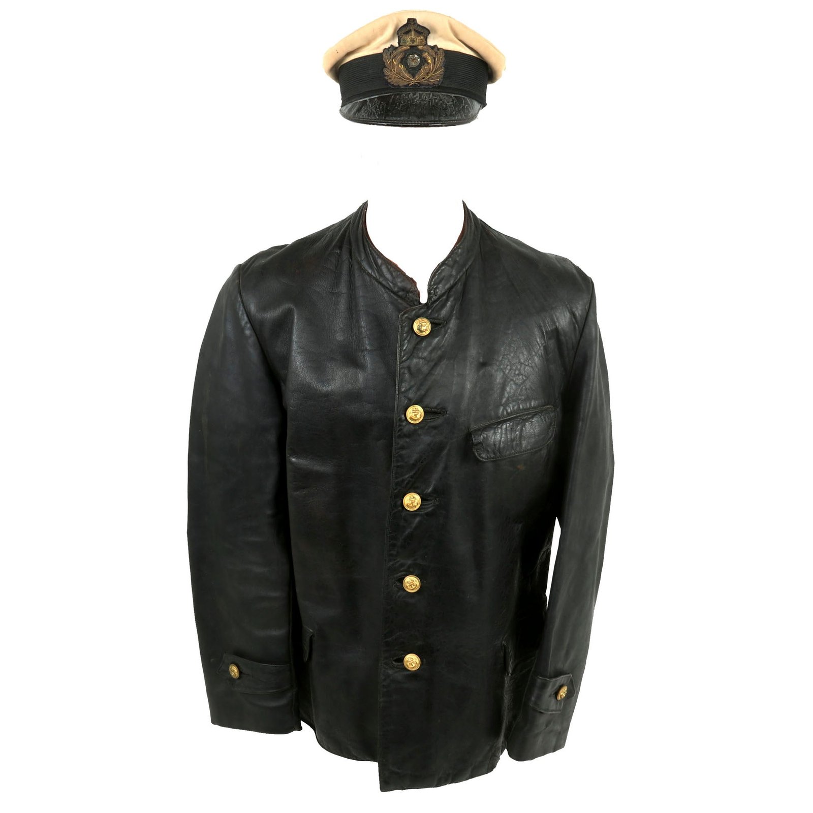 Buy Original Imperial German WWI Scarce Kaiserliche Marine U-Boat Engine Room Leather Jacket & Officer’s Service Visor Cap | Original Firearms Antique For Sale