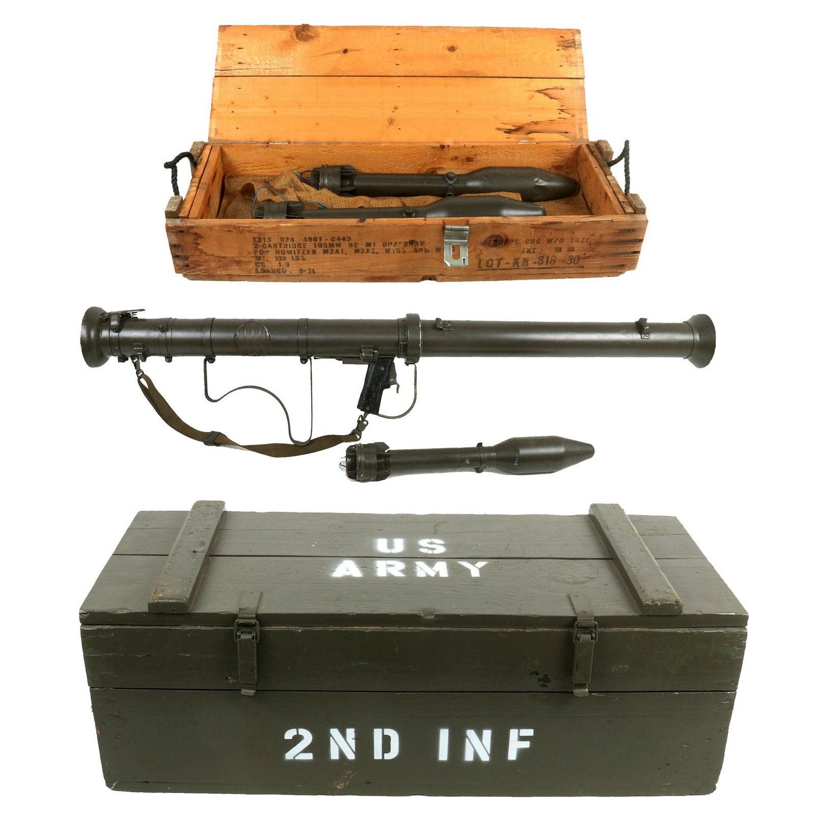 Buy Original U.S. Deactivated M20 A1 3.5 Inch Super Bazooka Rocket Launcher by Firestone with Three Inert Rockets and Custom Transit Chests | Original Firearms Antique For Sale