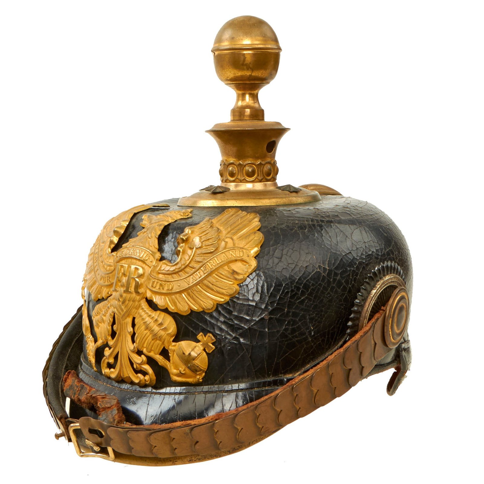 Buy Original Imperial German WWI Named & Unit Marked Prussian Artillery Officer Model 1895 Pickelhaube Helmet - Railway Labor Company 59 - Kugelhelm | Original Firearms Antique For Sale